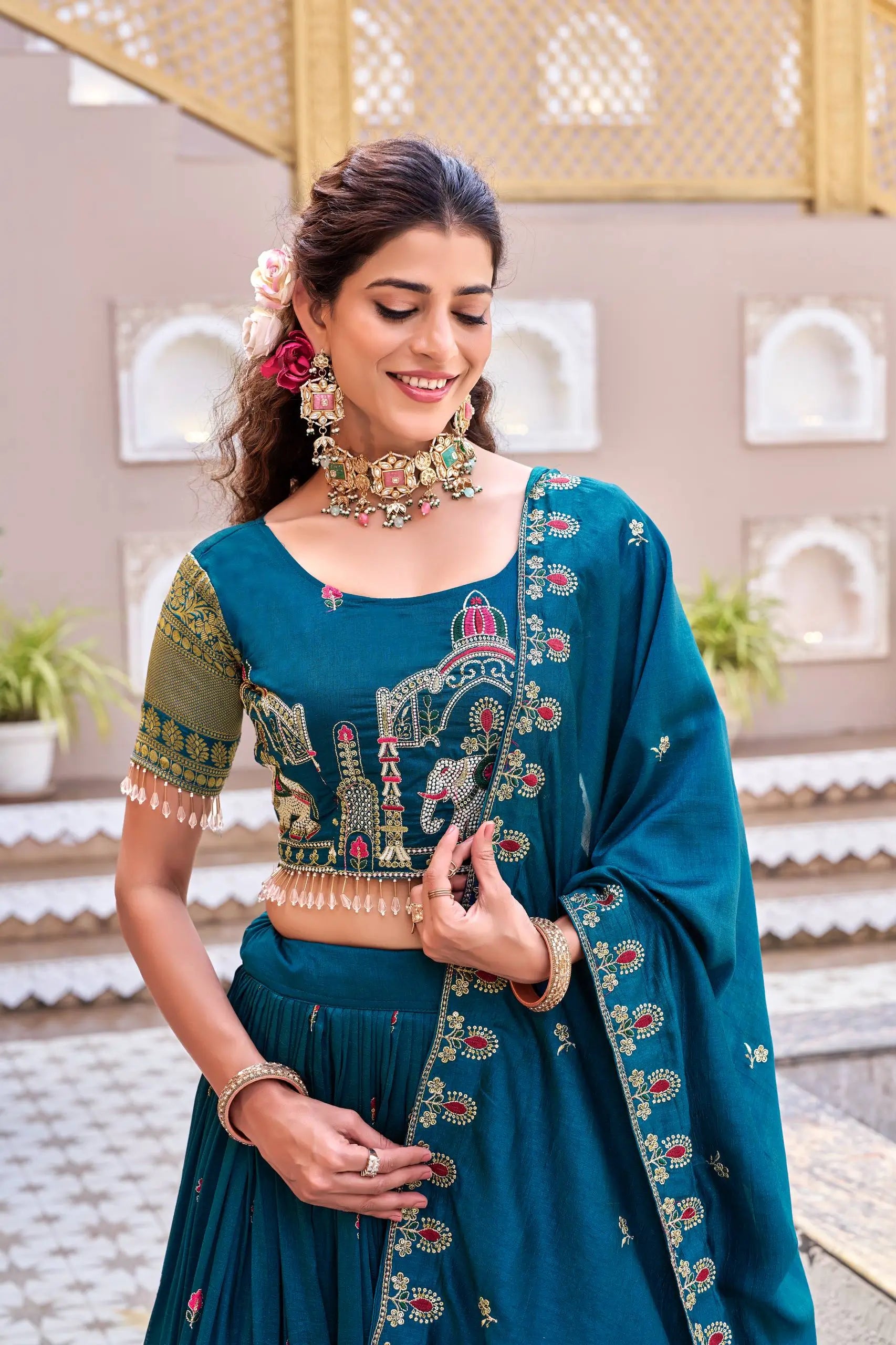 Embroidered Vichitra Silk Lehenga Choli Set