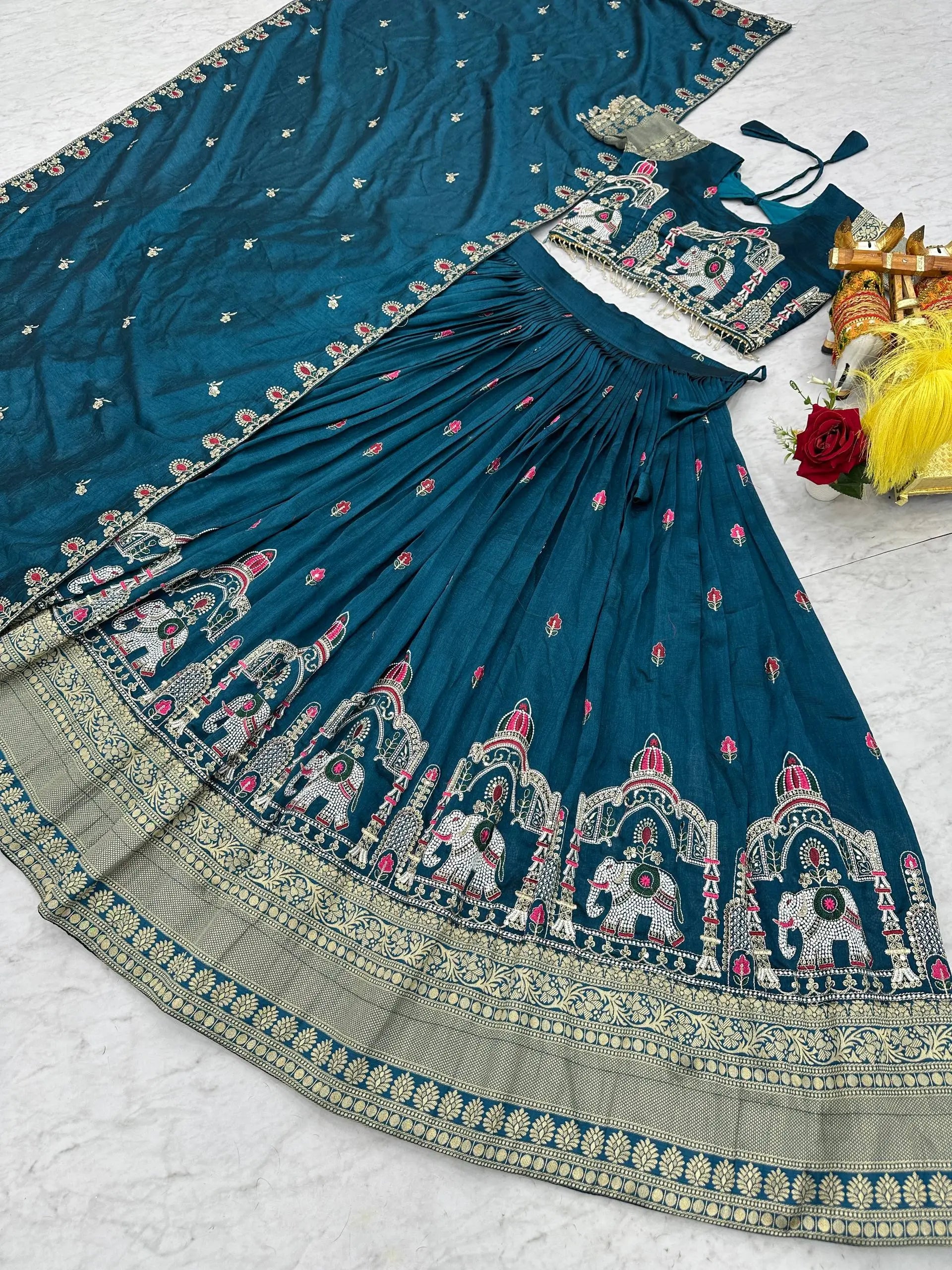 Embroidered Vichitra Silk Lehenga Choli Set