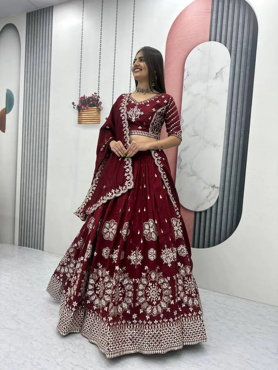 Embroidered Vichitra Silk Lehenga Choli Set