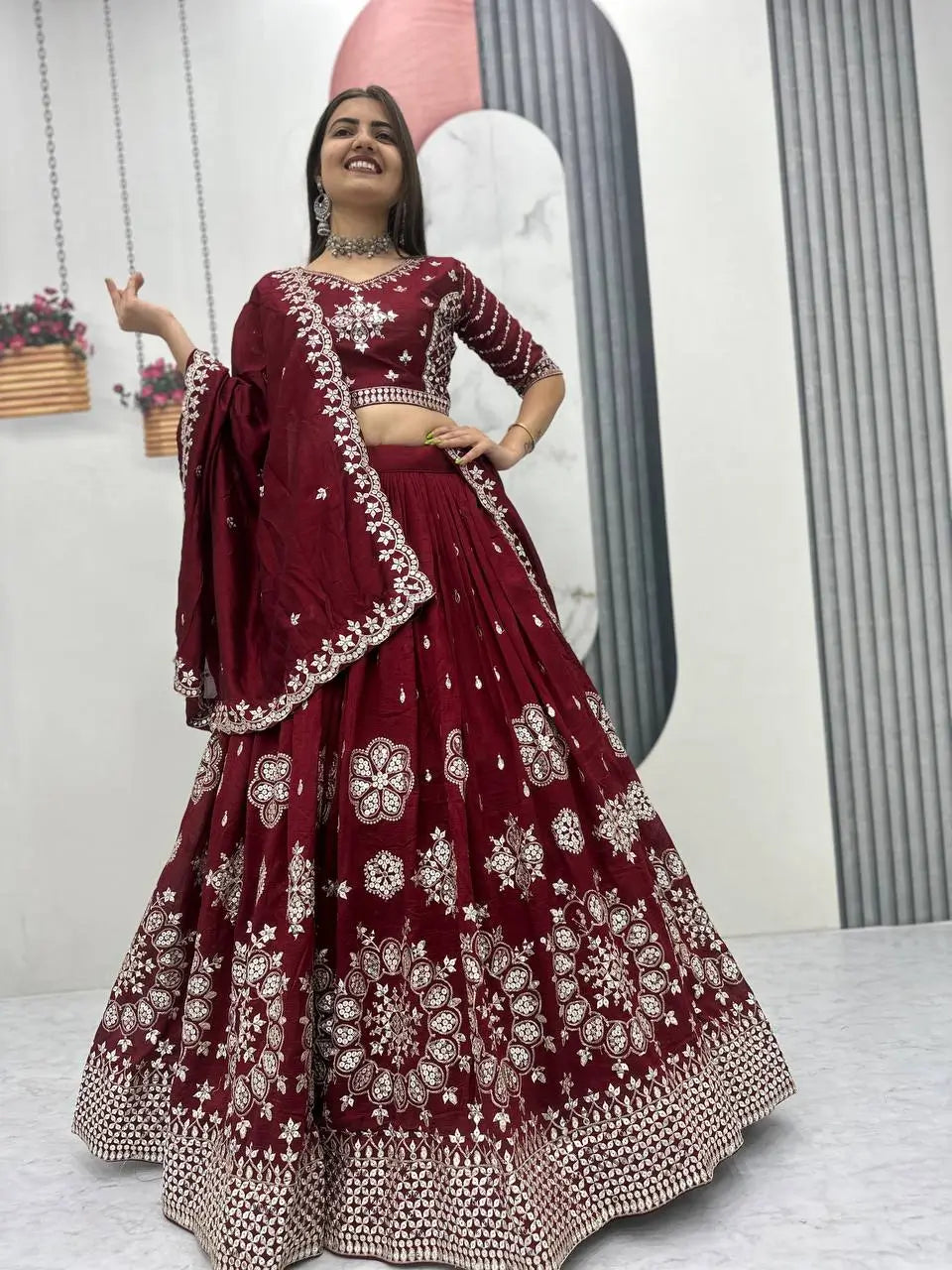 Embroidered Vichitra Silk Lehenga Choli Set