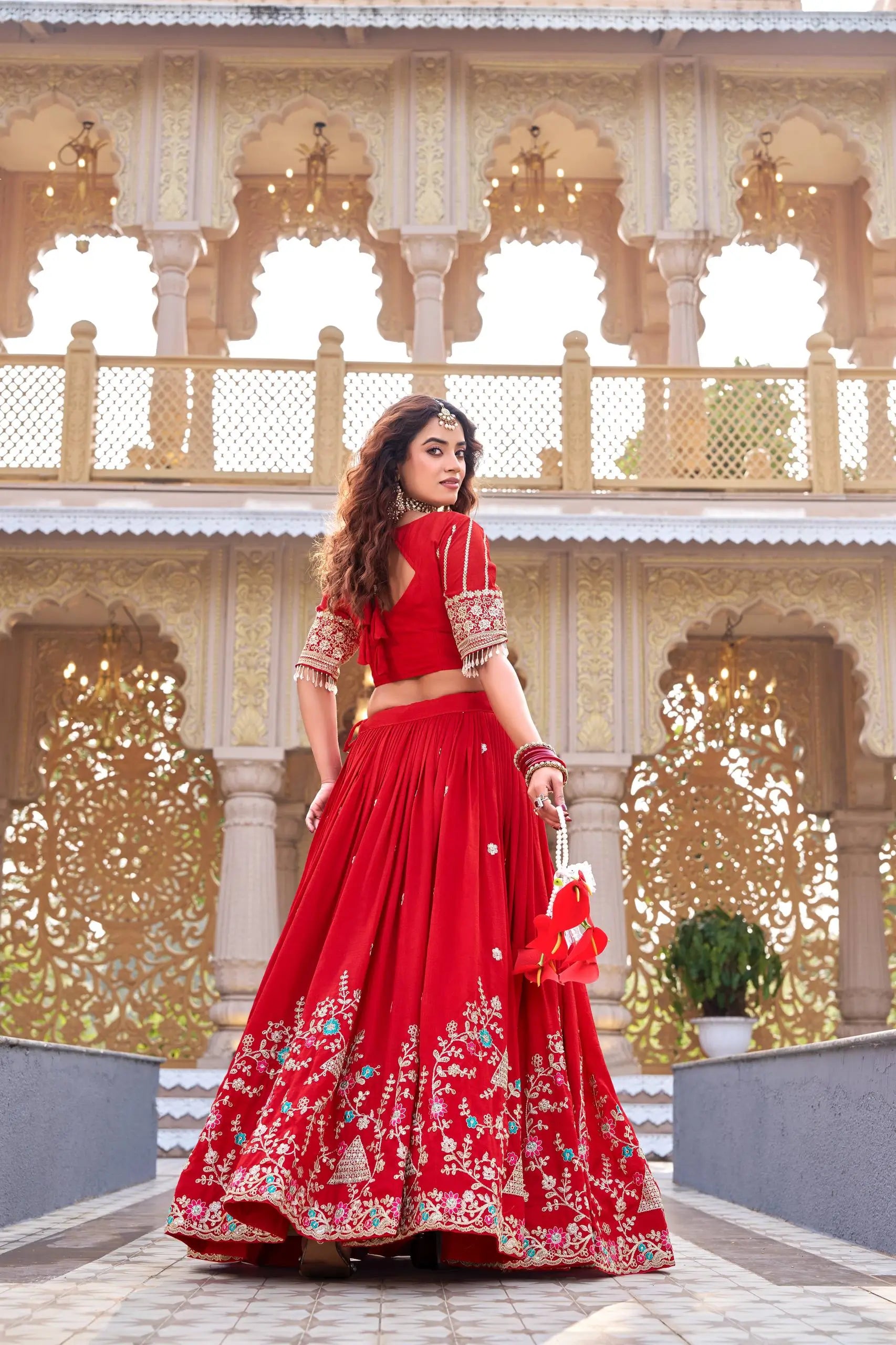 Embroidered Vichitra Silk Lehenga Choli Set for Wedding and Festive Wear