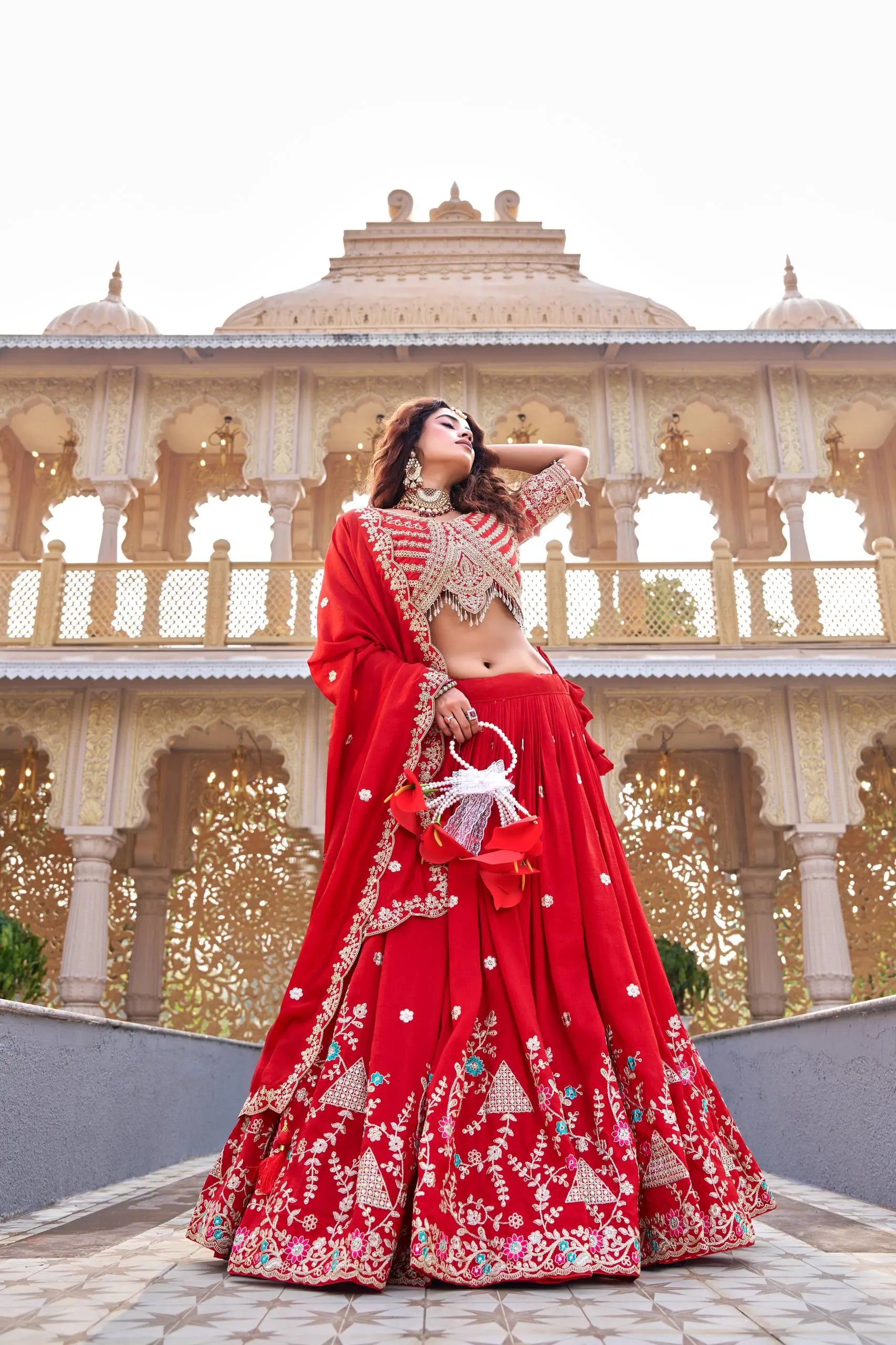 Embroidered Vichitra Silk Lehenga Choli Set for Wedding and Festive Wear