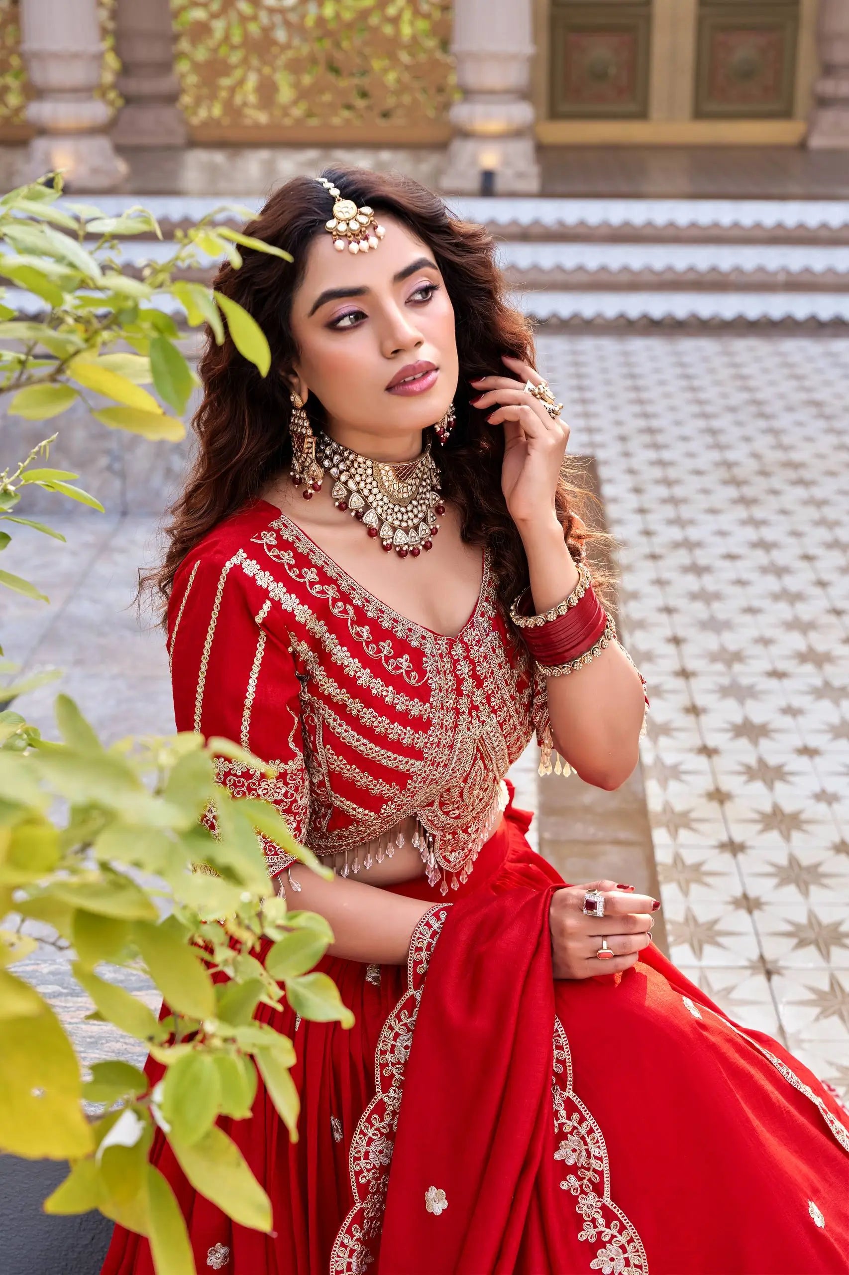 Embroidered Vichitra Silk Lehenga Choli Set for Wedding and Festive Wear