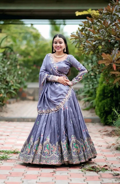 Embroidered Vichitra Silk Lehenga Choli Set for Wedding and Festive Wear