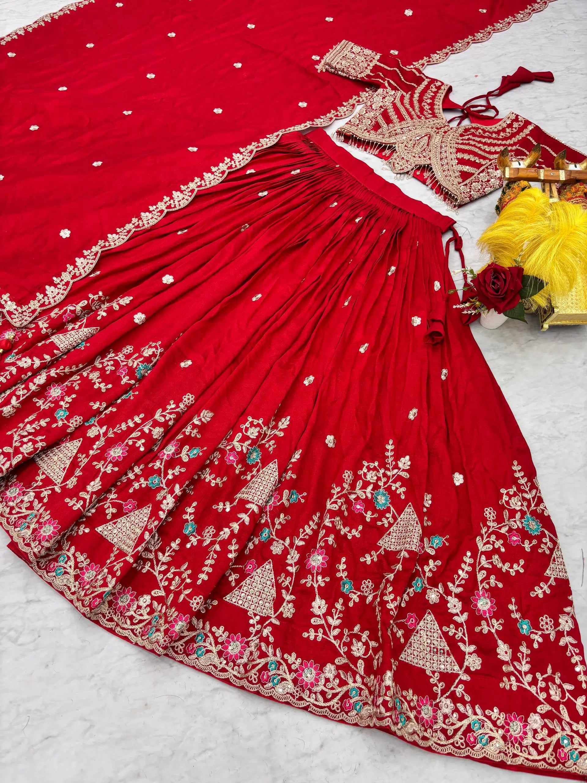 Embroidered Vichitra Silk Lehenga Choli Set for Wedding and Festive Wear