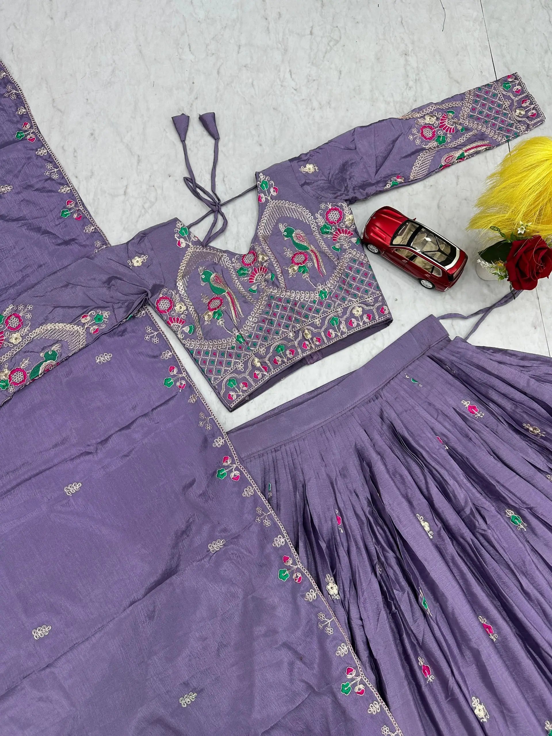Embroidered Vichitra Silk Lehenga Choli Set for Wedding and Festive Wear