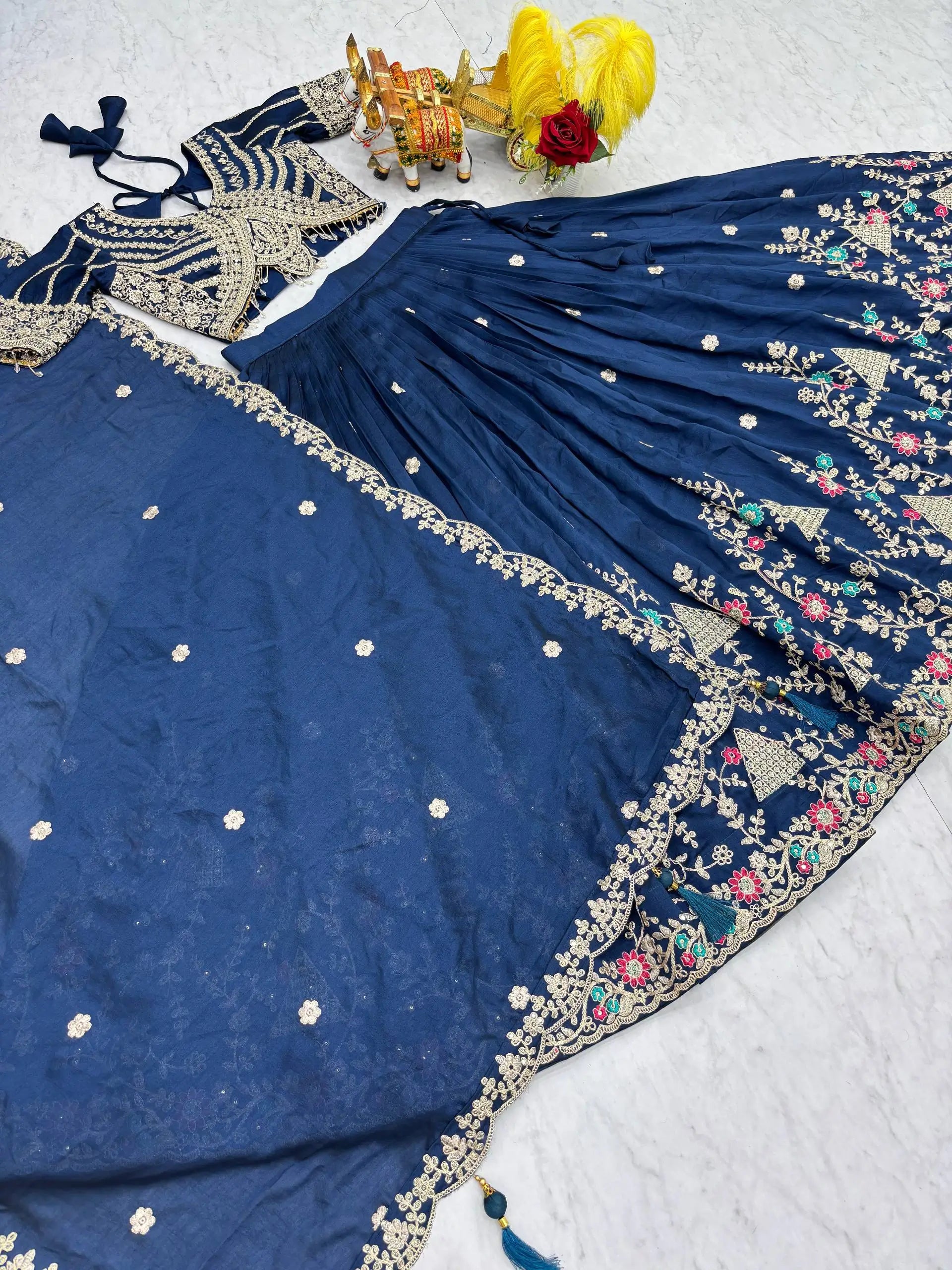 Embroidered Vichitra Silk Lehenga Choli Set for Wedding and Festive Wear