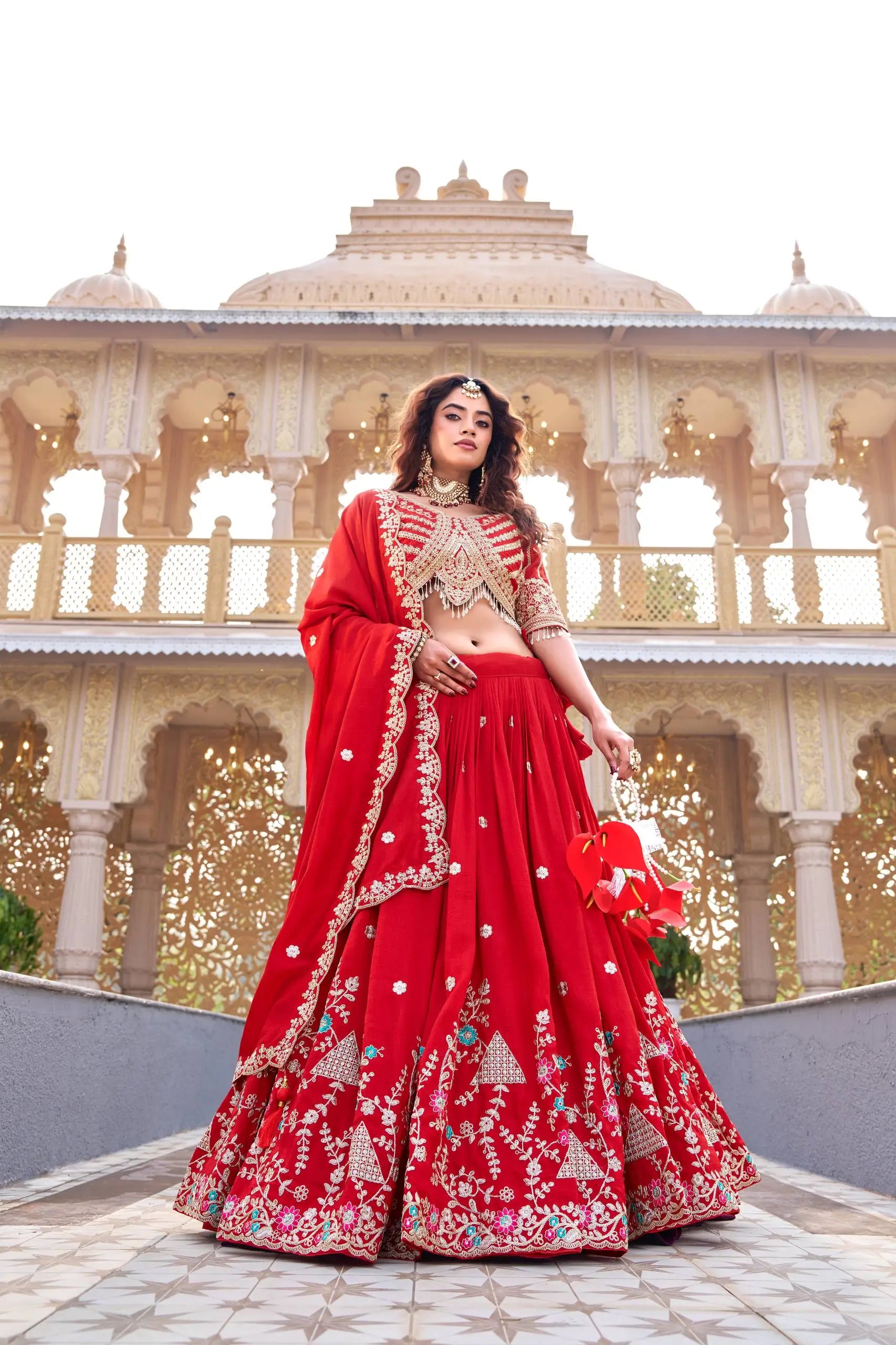 Embroidered Vichitra Silk Lehenga Choli Set for Wedding and Festive Wear