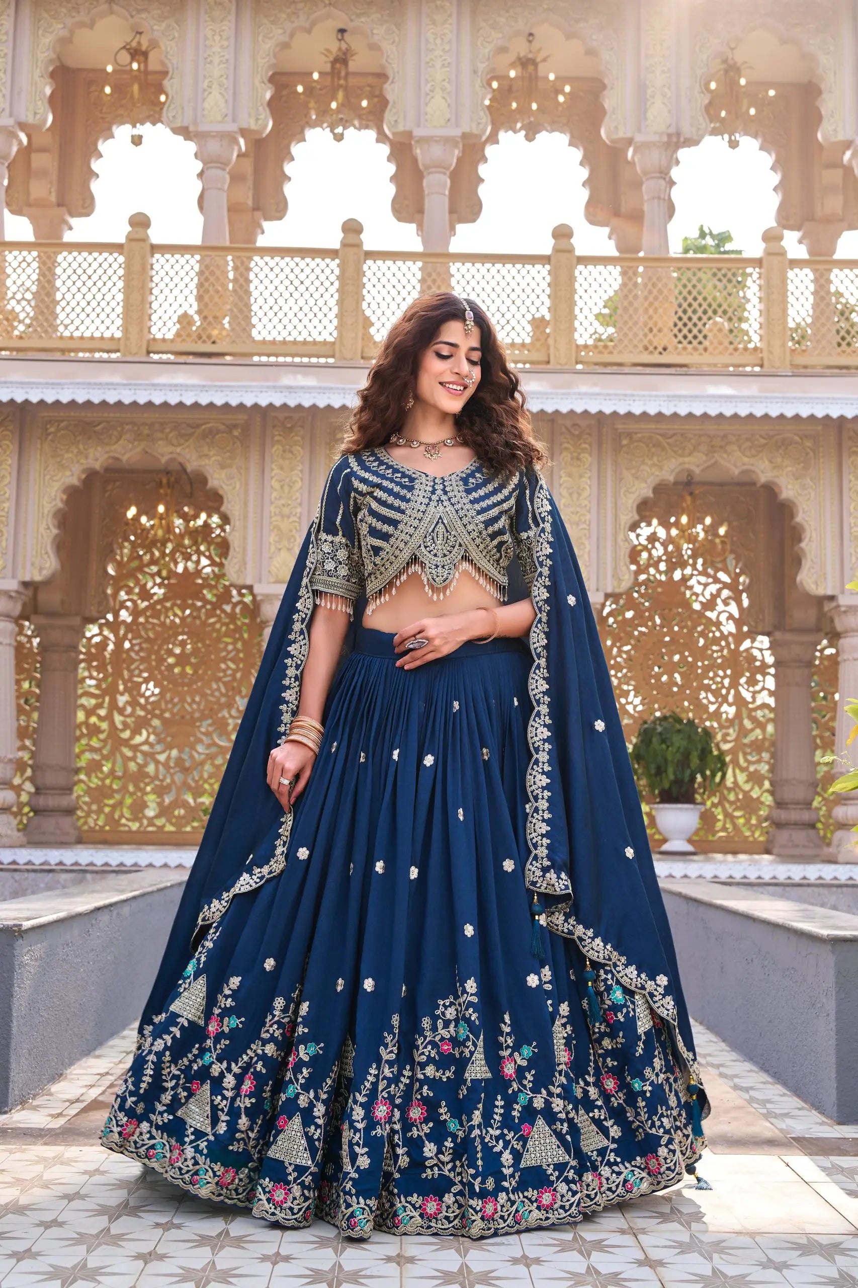 Embroidered Vichitra Silk Lehenga Choli Set for Wedding and Festive Wear