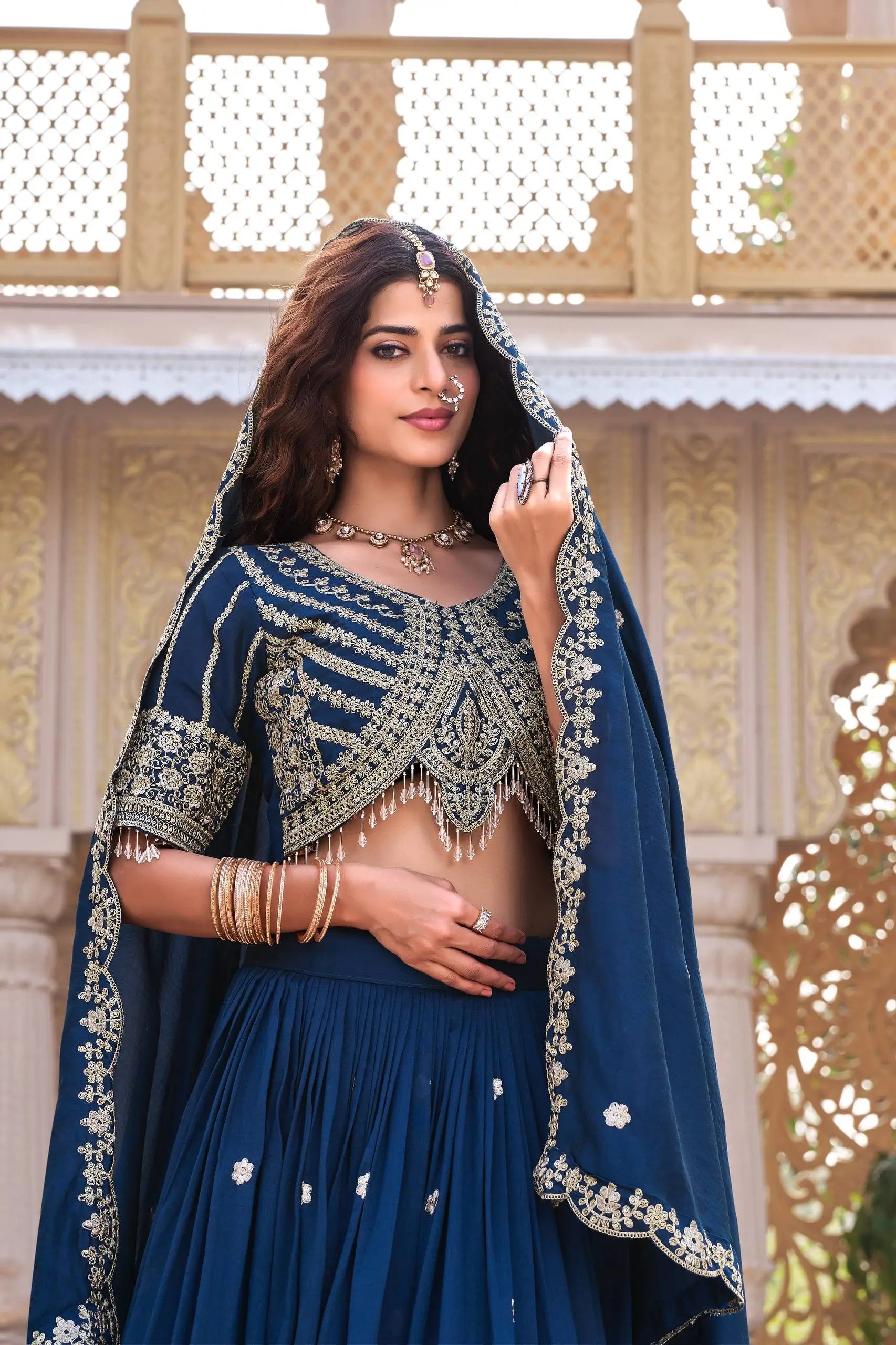 Embroidered Vichitra Silk Lehenga Choli Set for Wedding and Festive Wear