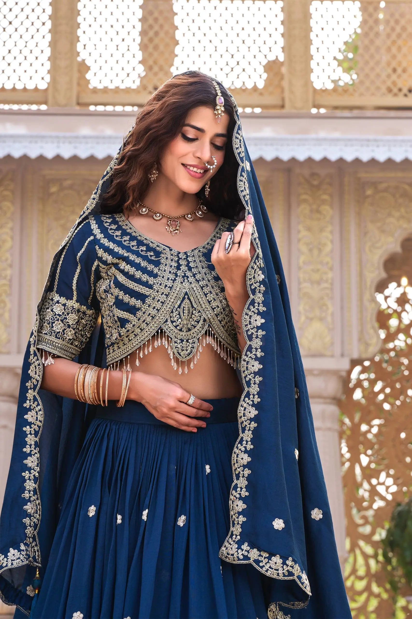 Embroidered Vichitra Silk Lehenga Choli Set for Wedding and Festive Wear