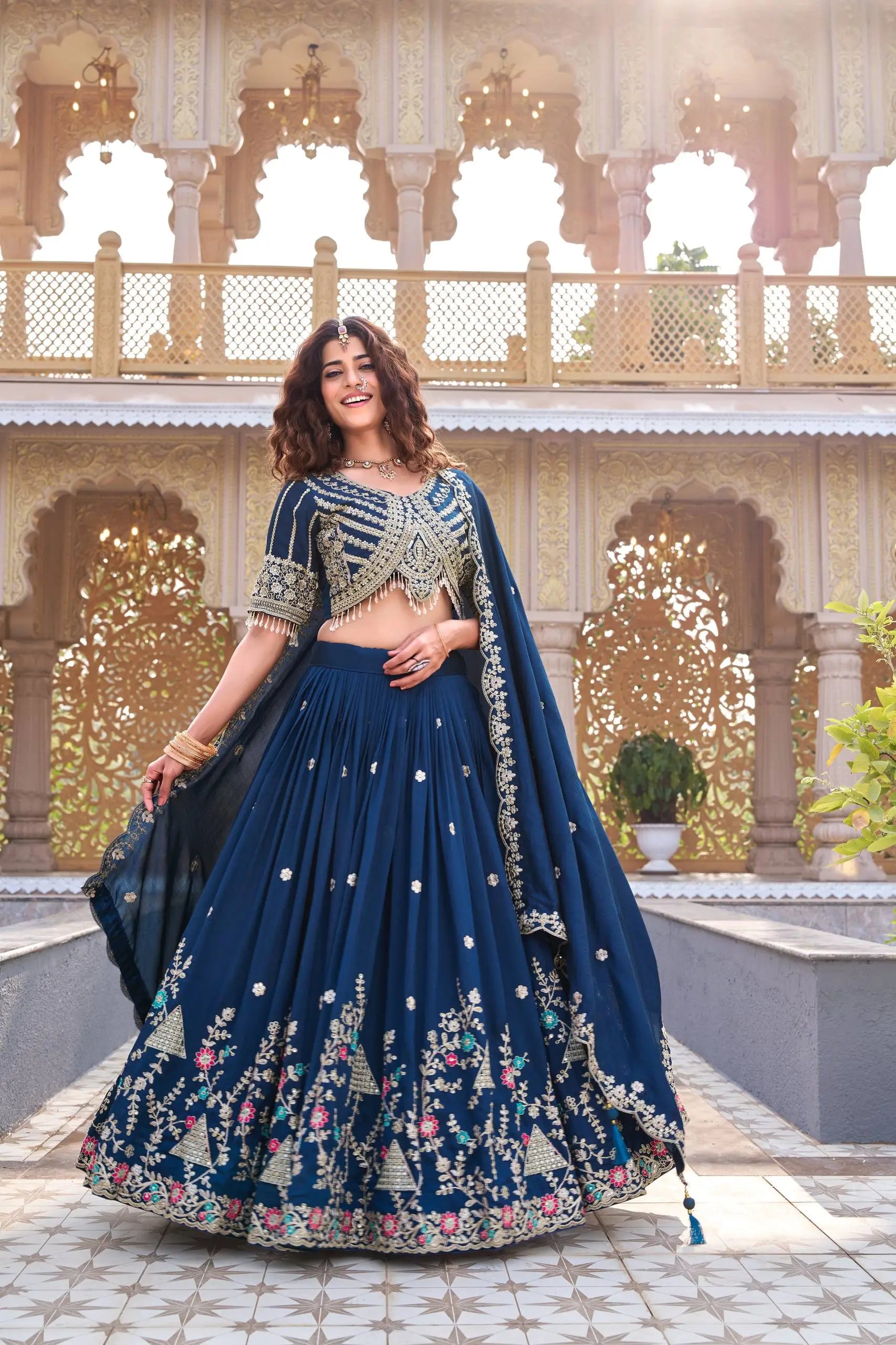 Embroidered Vichitra Silk Lehenga Choli Set for Wedding and Festive Wear