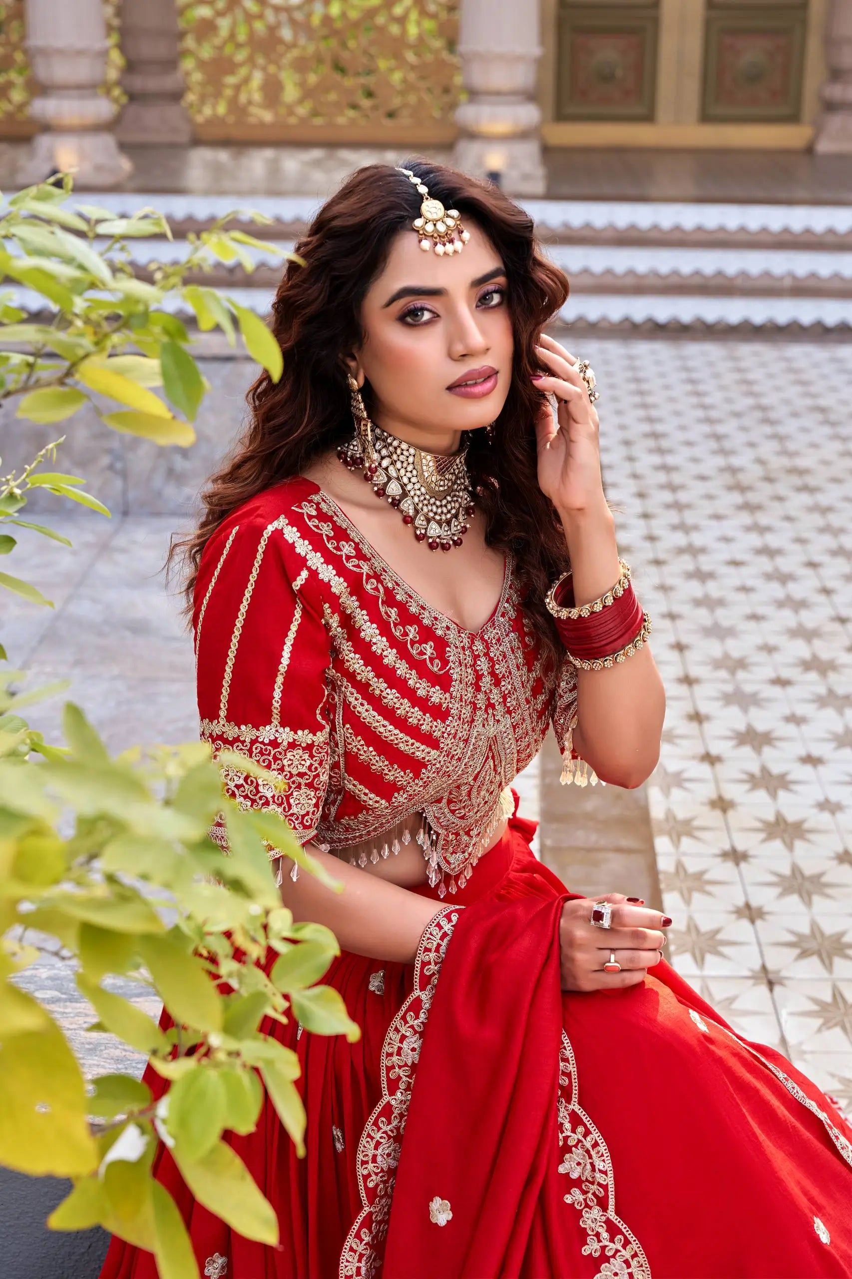 Embroidered Vichitra Silk Lehenga Choli Set for Wedding and Festive Wear