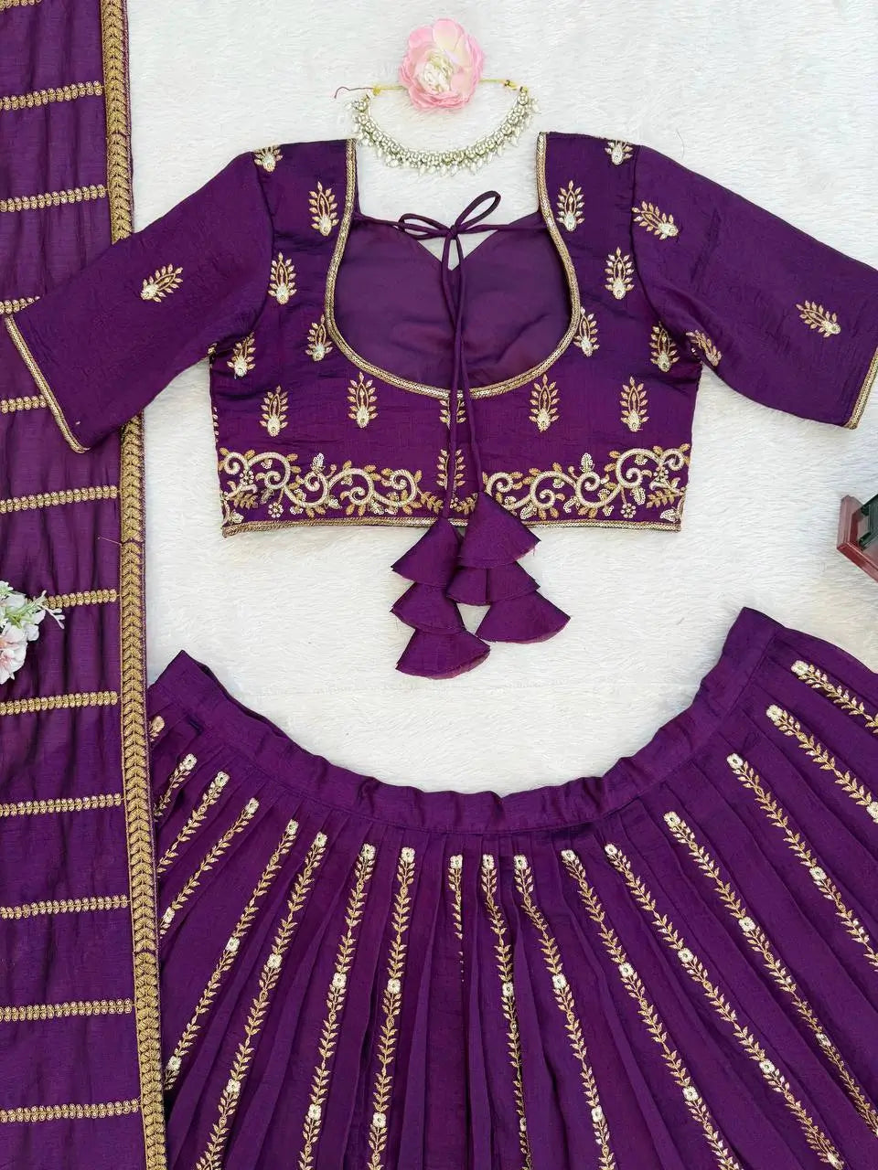 Embroidered Vichitra Silk Lehenga Choli Set with Dupatta