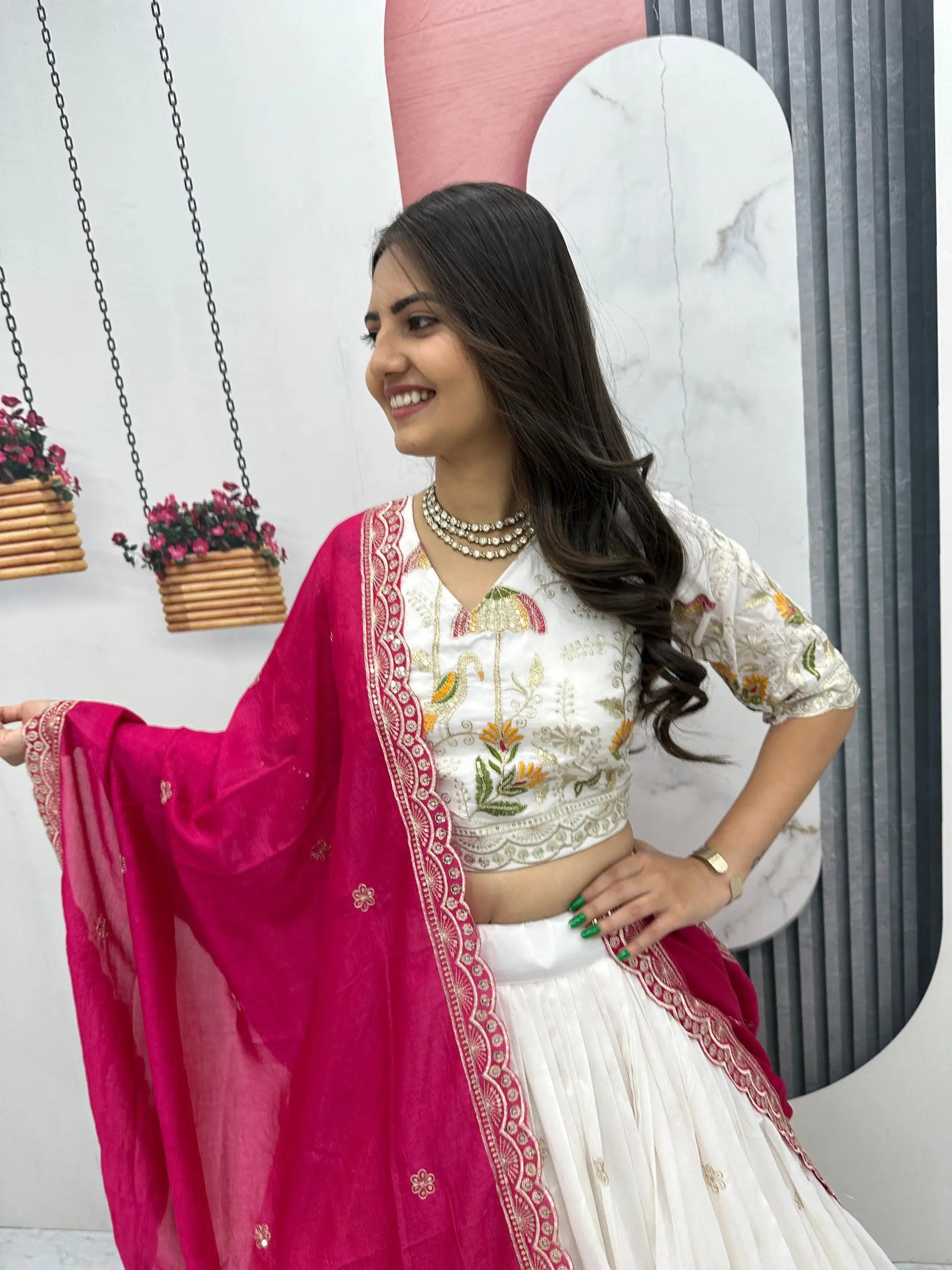 Embroidered Vichitra Silk Lehenga Choli Set with Dupatta