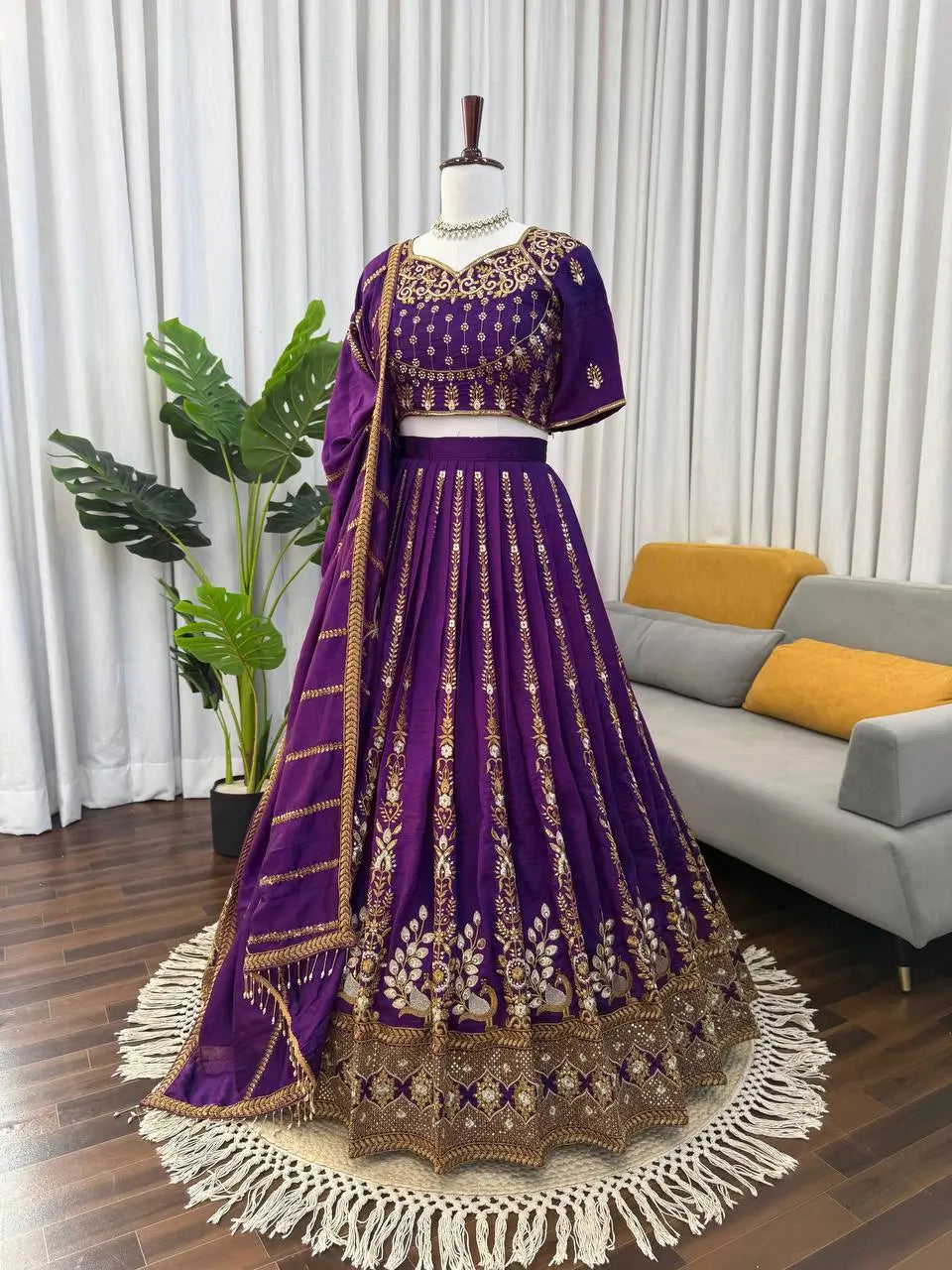 Embroidered Vichitra Silk Lehenga Choli Set with Dupatta