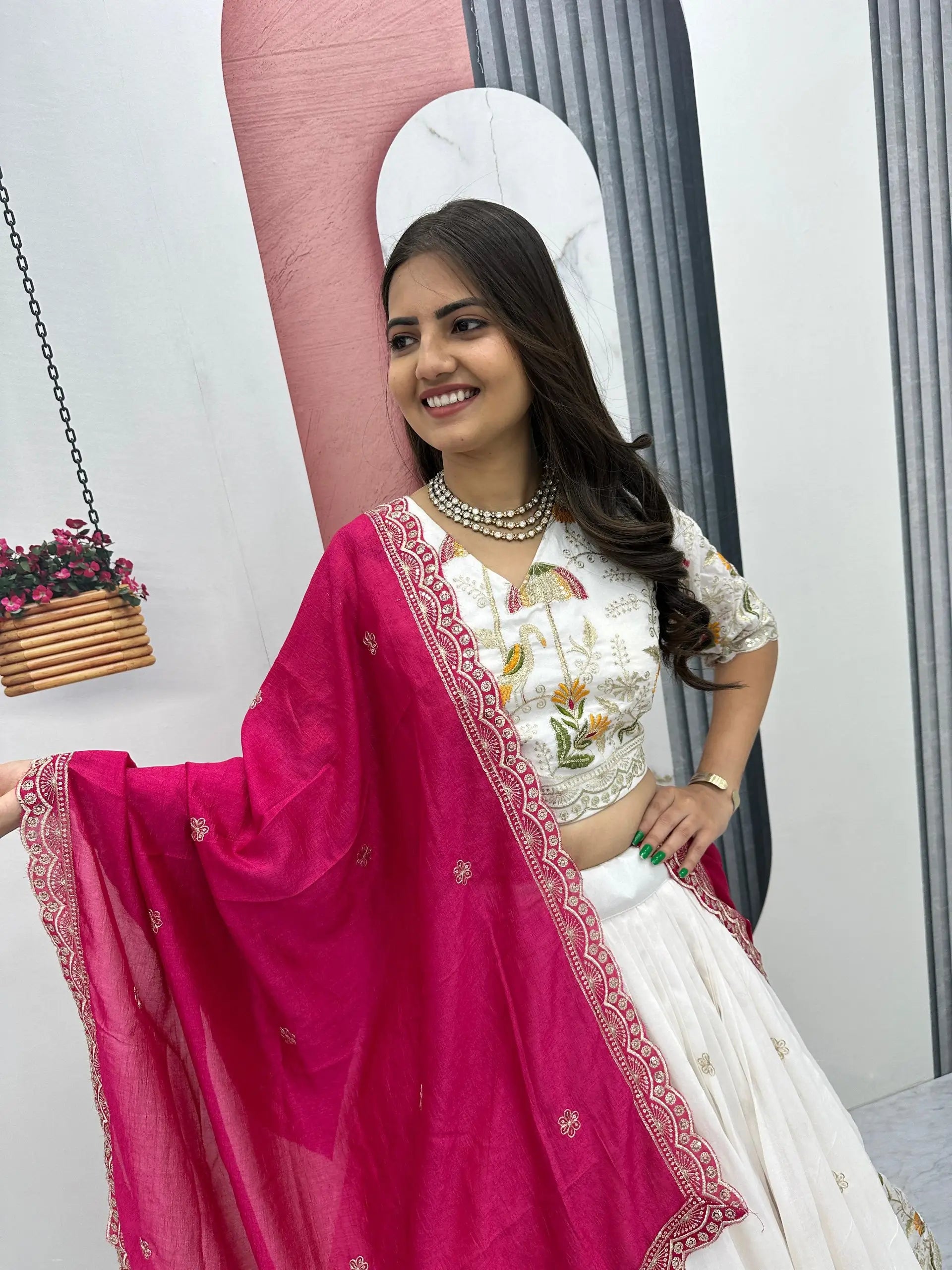 Embroidered Vichitra Silk Lehenga Choli Set with Dupatta