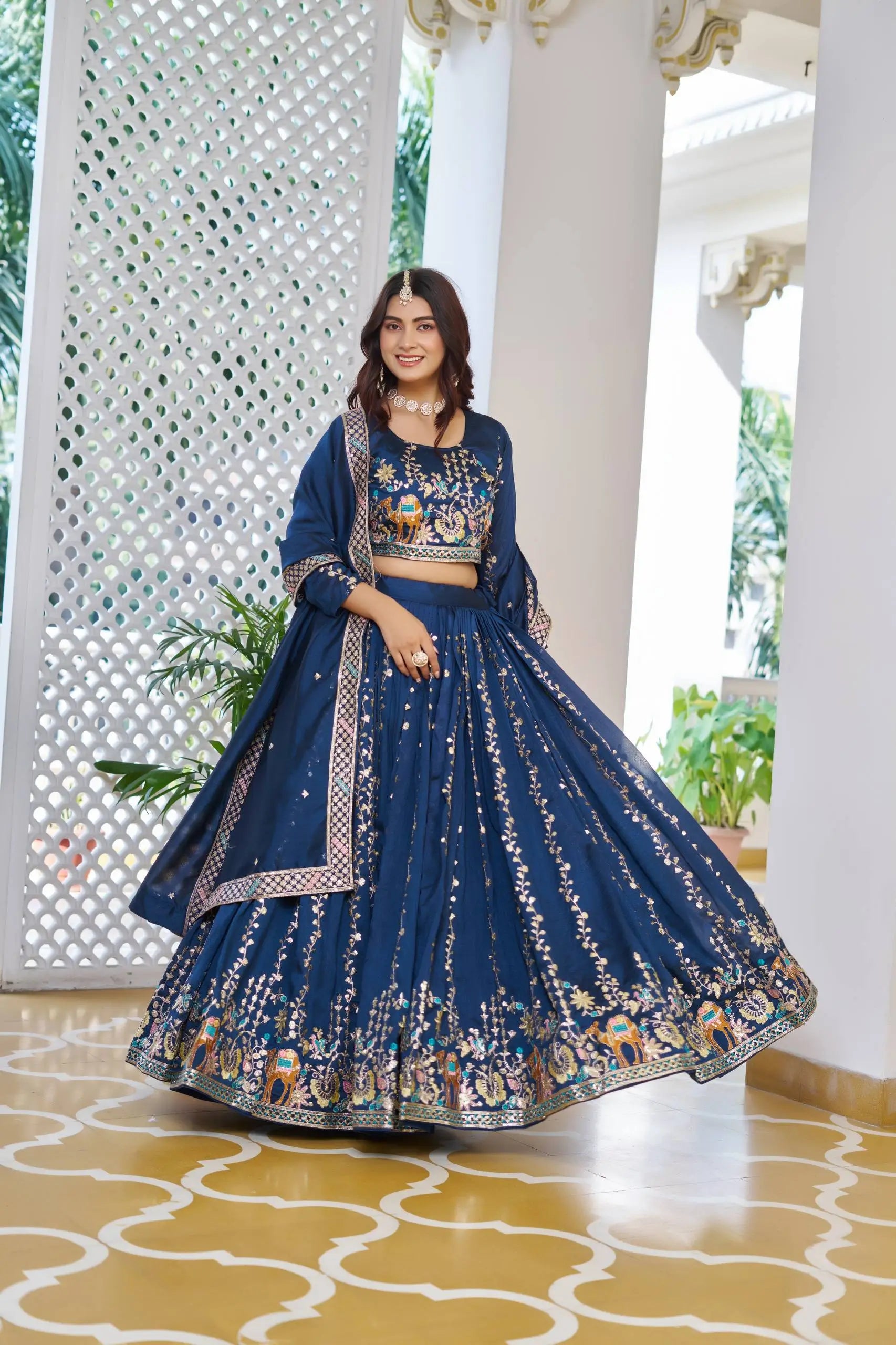 Embroidered Vichitra Silk Lehenga Choli Set with Dupatta