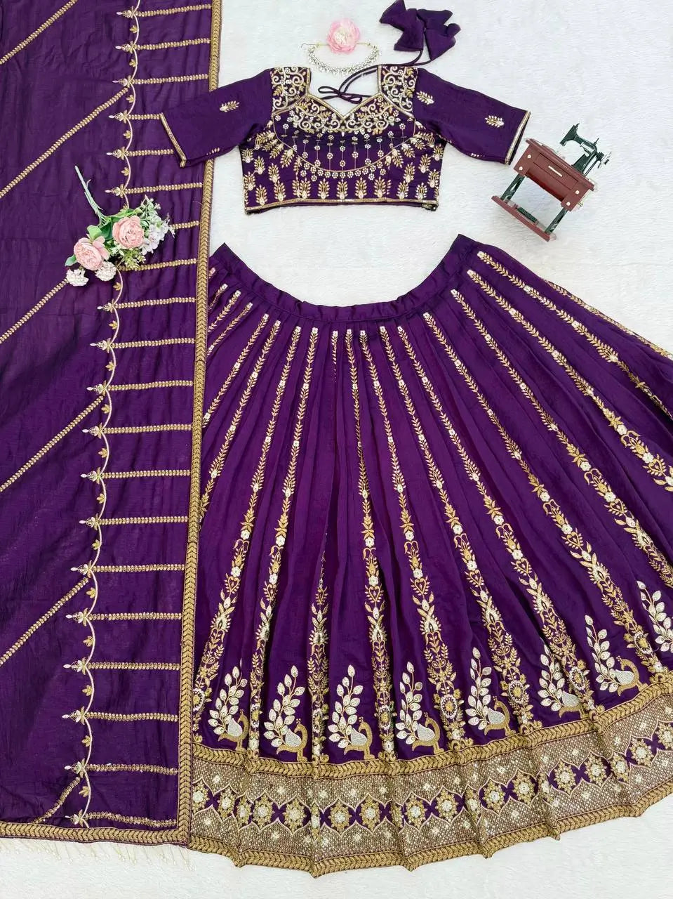 Embroidered Vichitra Silk Lehenga Choli Set with Dupatta
