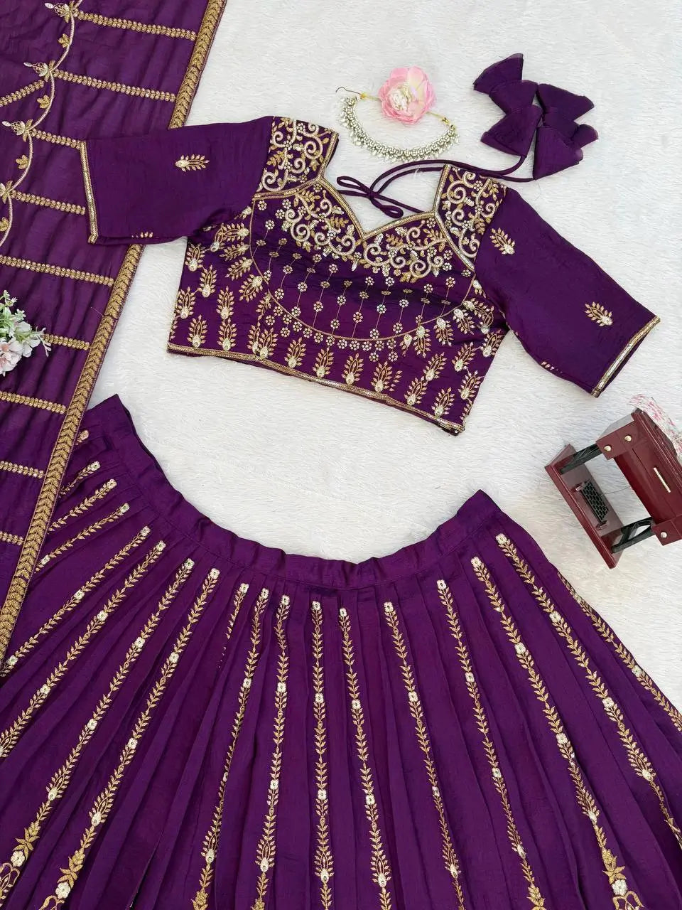 Embroidered Vichitra Silk Lehenga Choli Set with Dupatta