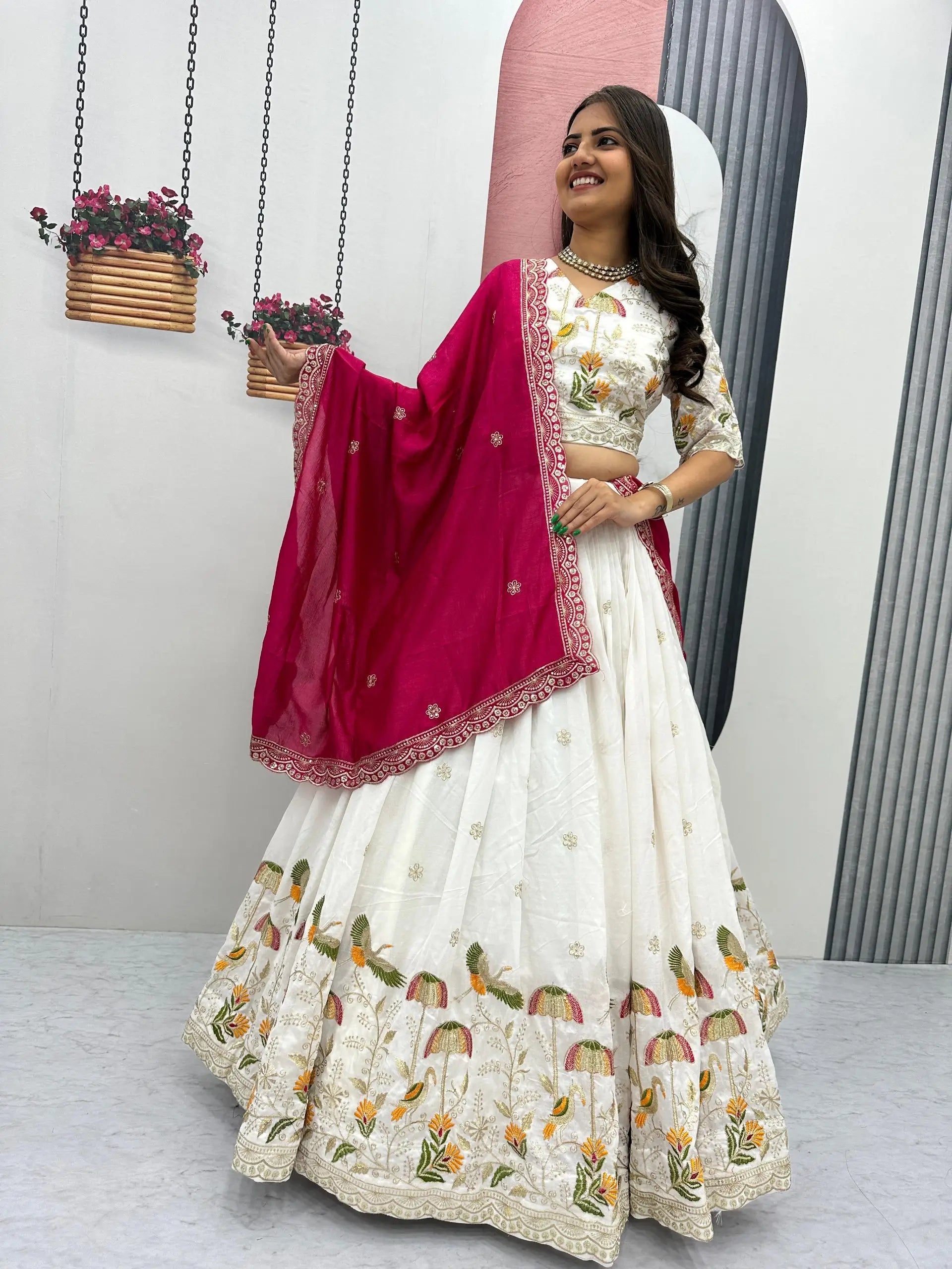Embroidered Vichitra Silk Lehenga Choli Set with Dupatta