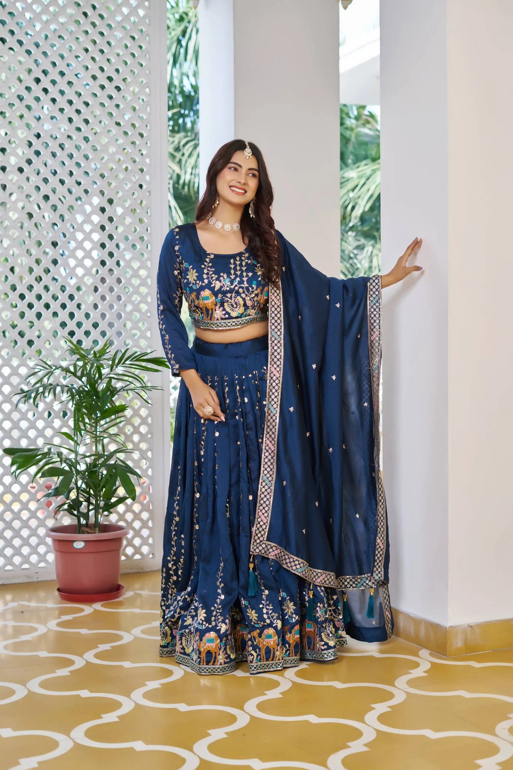 Embroidered Vichitra Silk Lehenga Choli Set with Dupatta