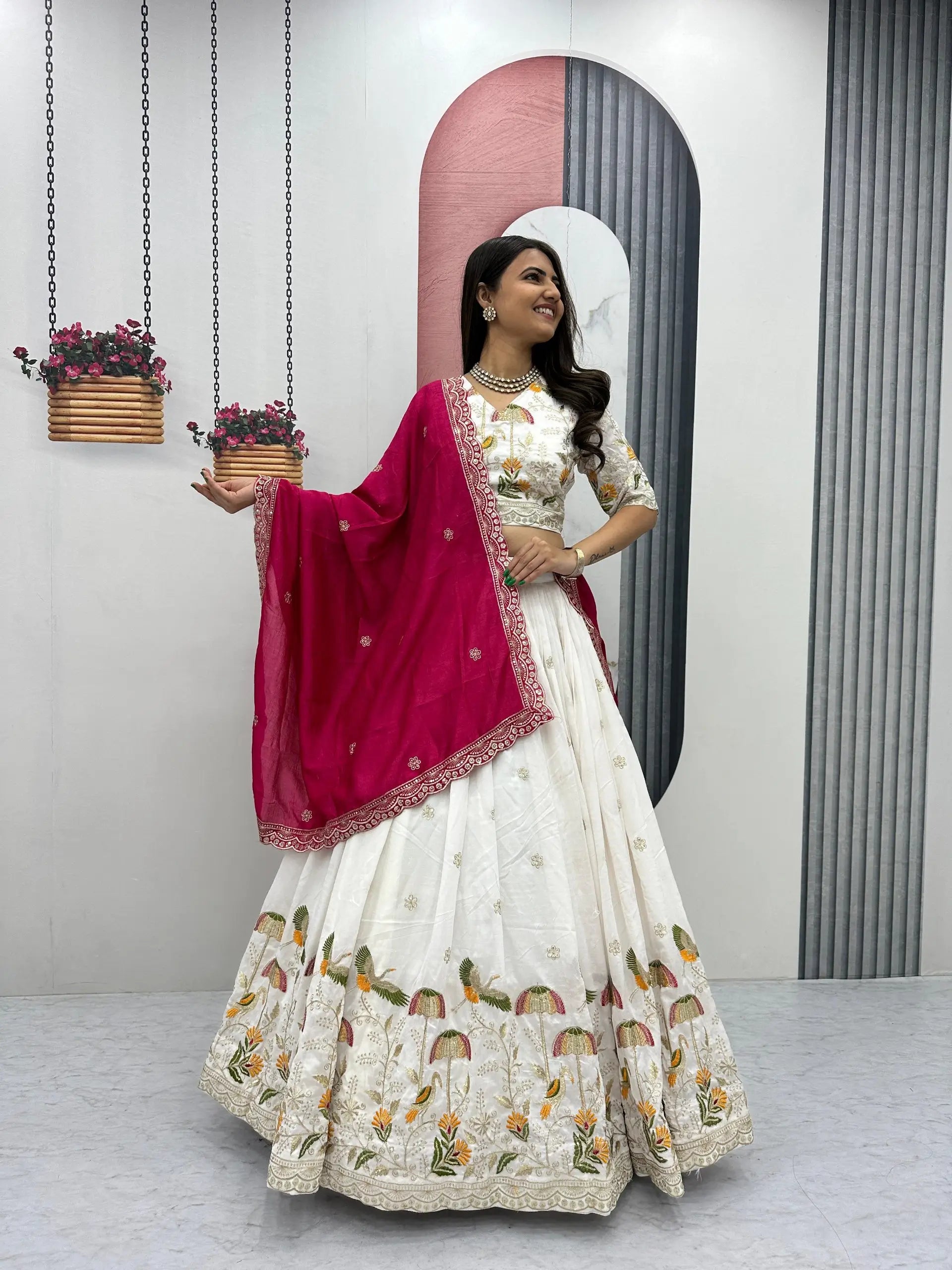Embroidered Vichitra Silk Lehenga Choli Set with Dupatta