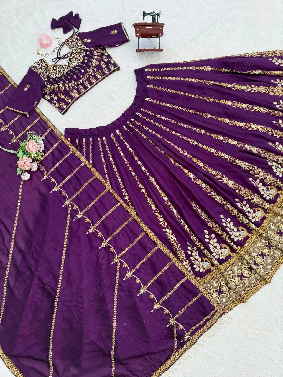 Embroidered Vichitra Silk Lehenga Choli Set with Dupatta