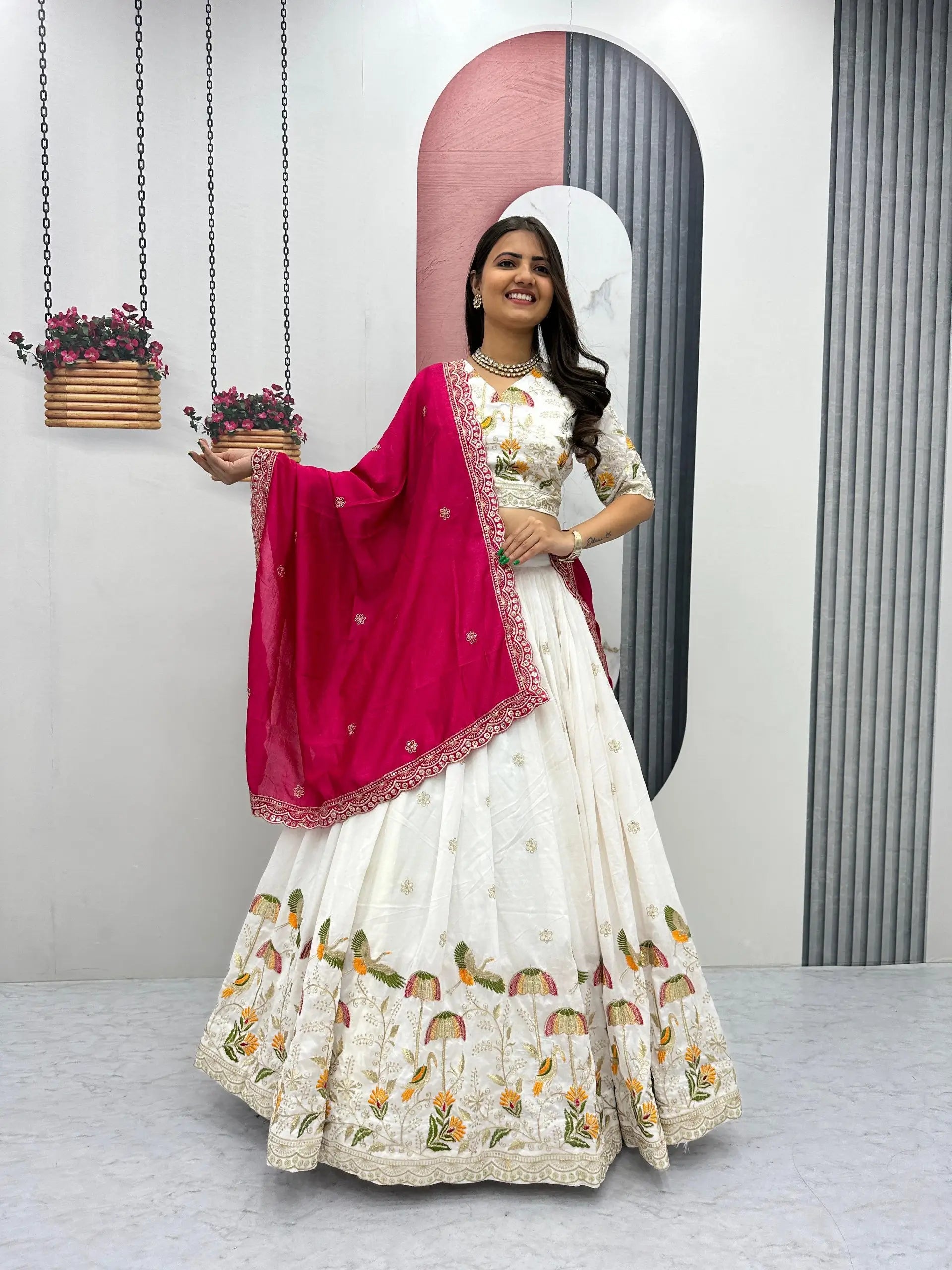 Embroidered Vichitra Silk Lehenga Choli Set with Dupatta