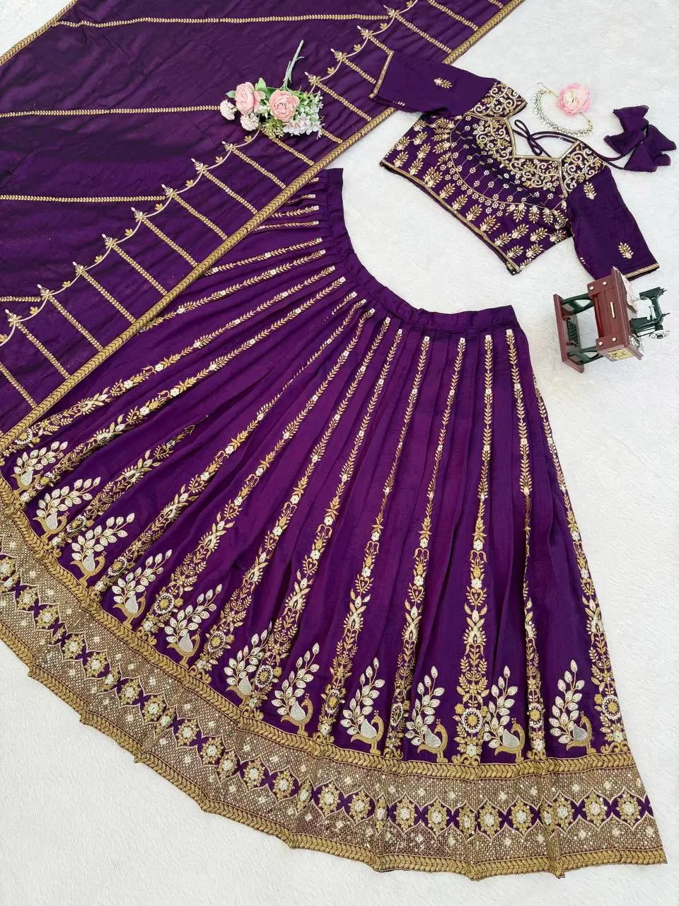 Embroidered Vichitra Silk Lehenga Choli Set with Dupatta
