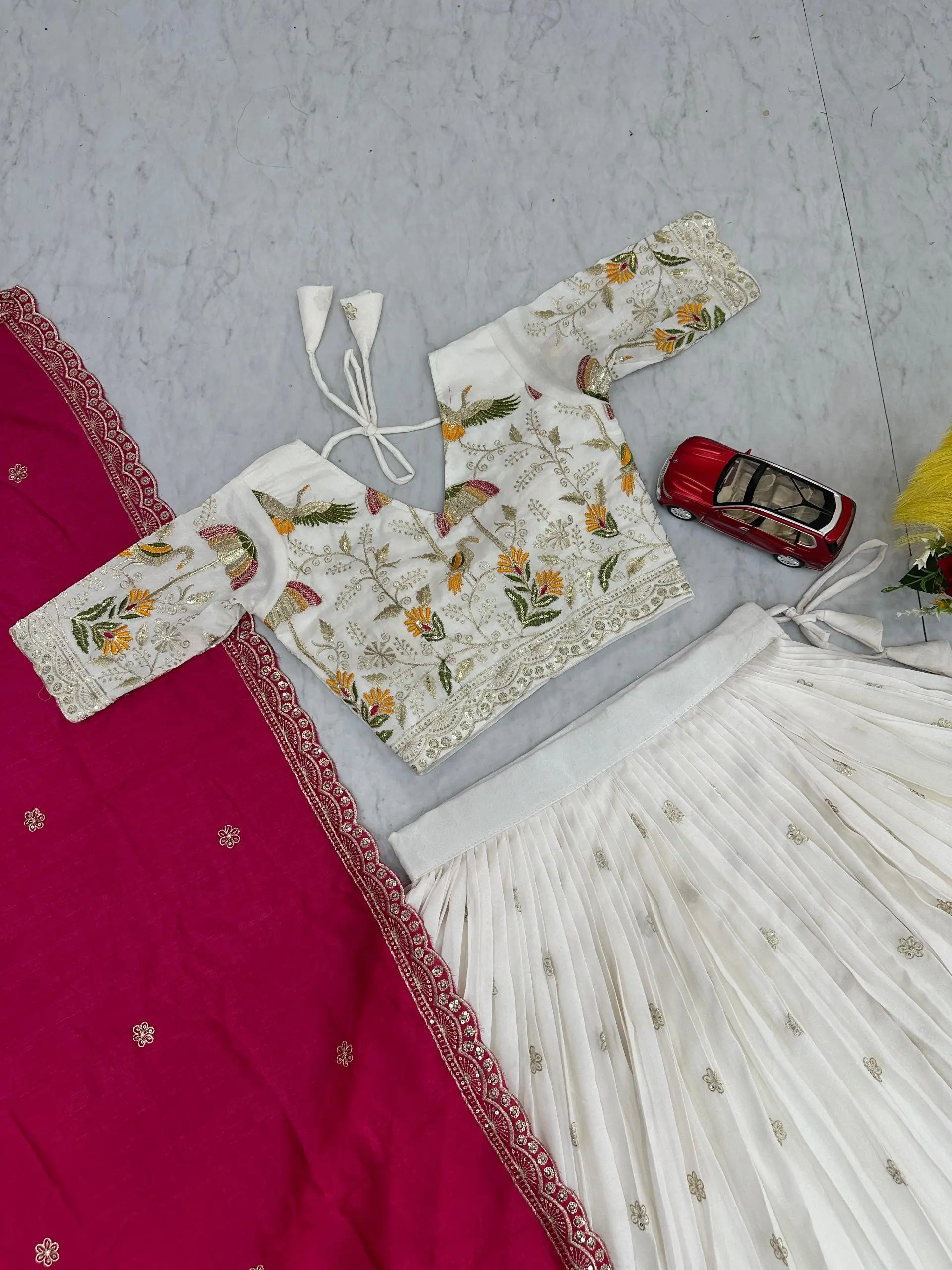 Embroidered Vichitra Silk Lehenga Choli Set with Dupatta