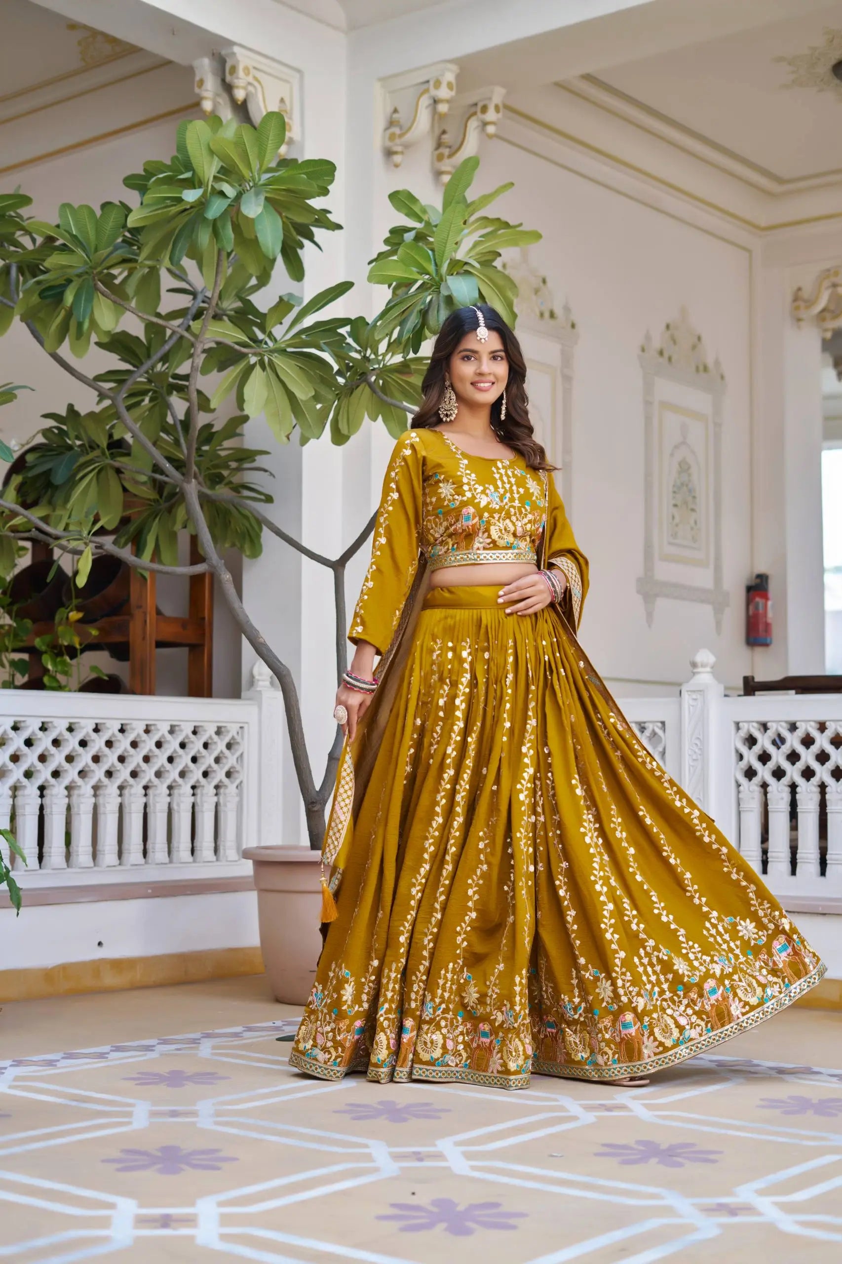 Embroidered Vichitra Silk Lehenga Choli Set with Dupatta