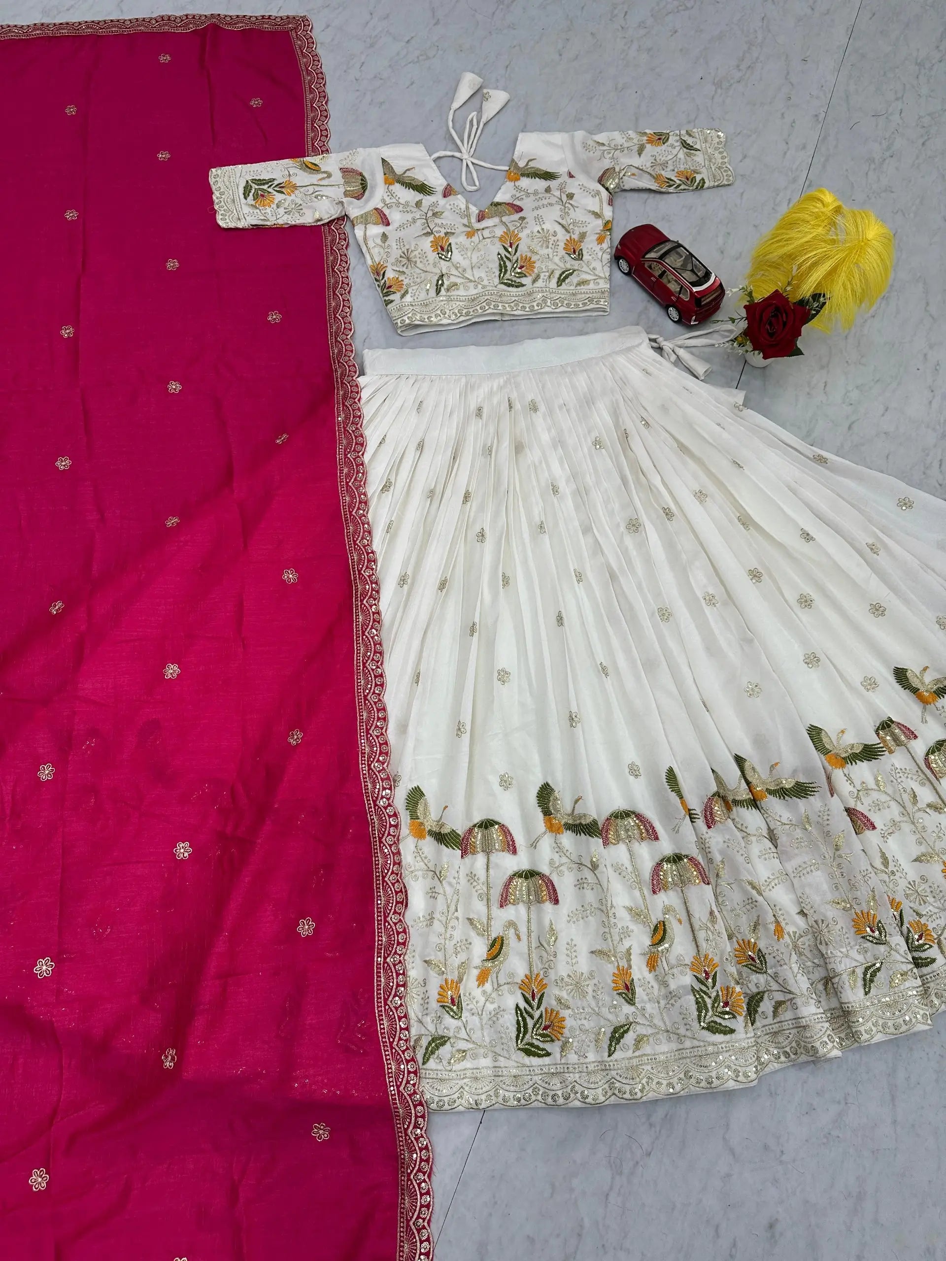 Embroidered Vichitra Silk Lehenga Choli Set with Dupatta