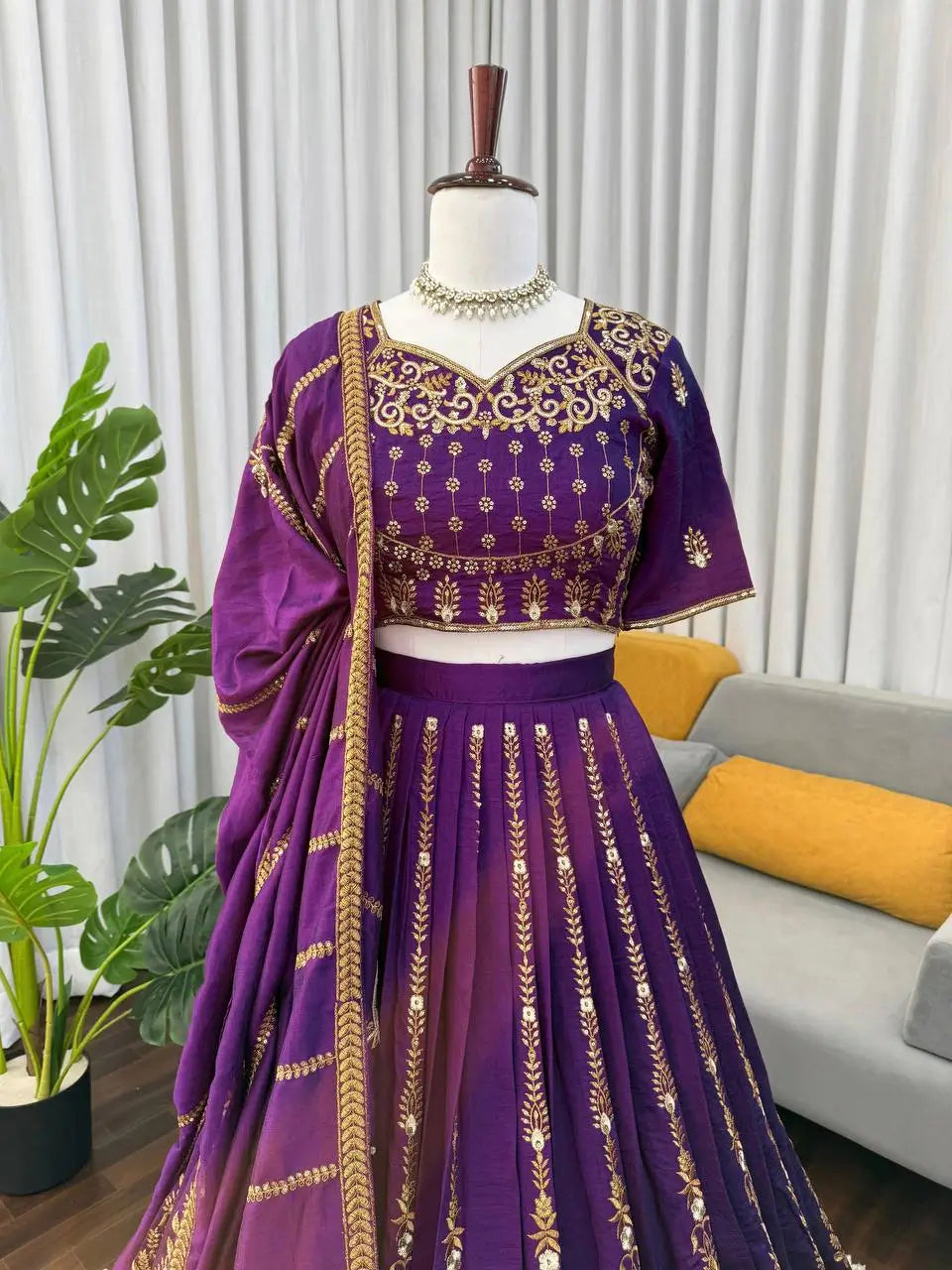 Embroidered Vichitra Silk Lehenga Choli Set with Dupatta