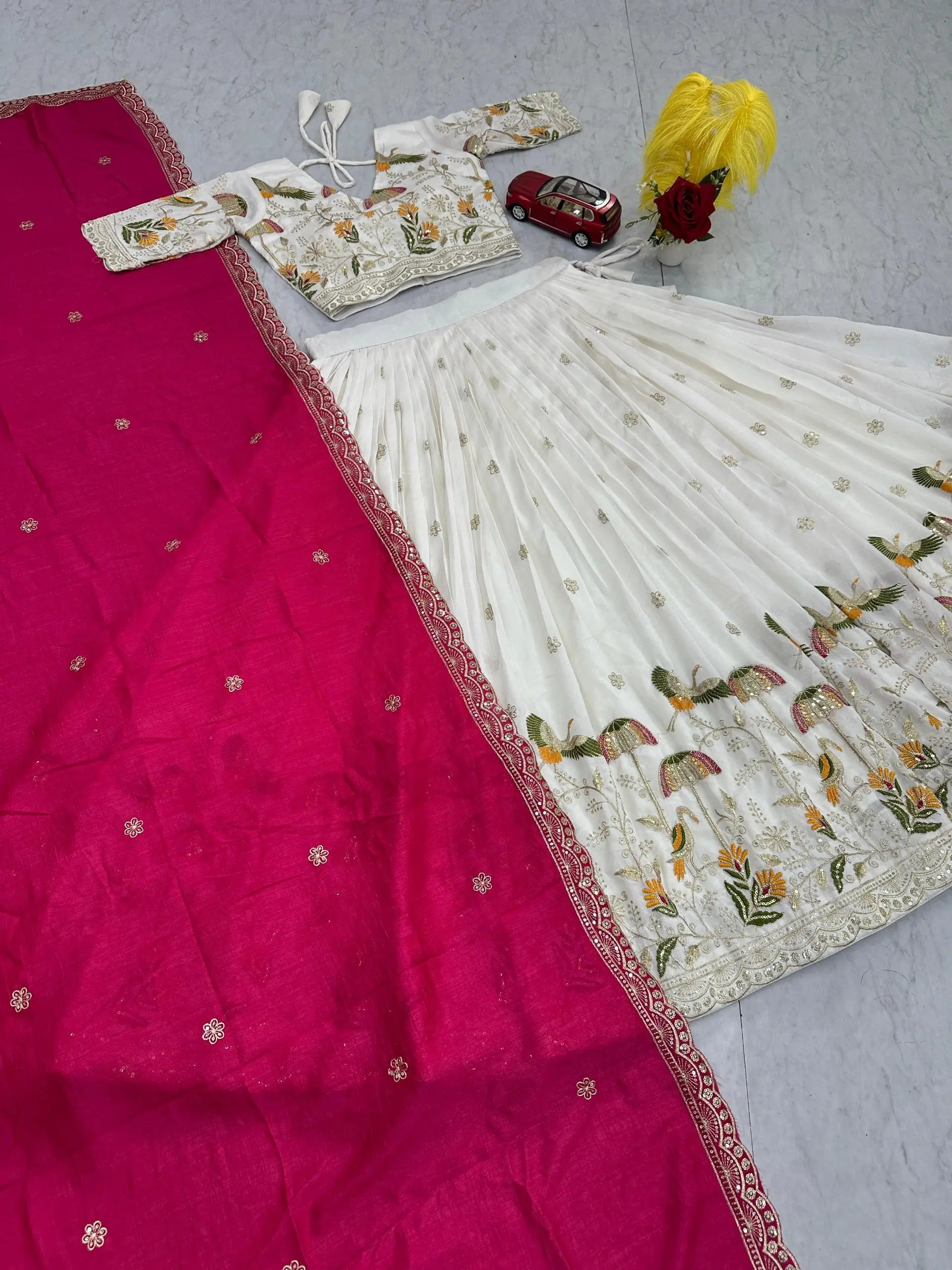 Embroidered Vichitra Silk Lehenga Choli Set with Dupatta