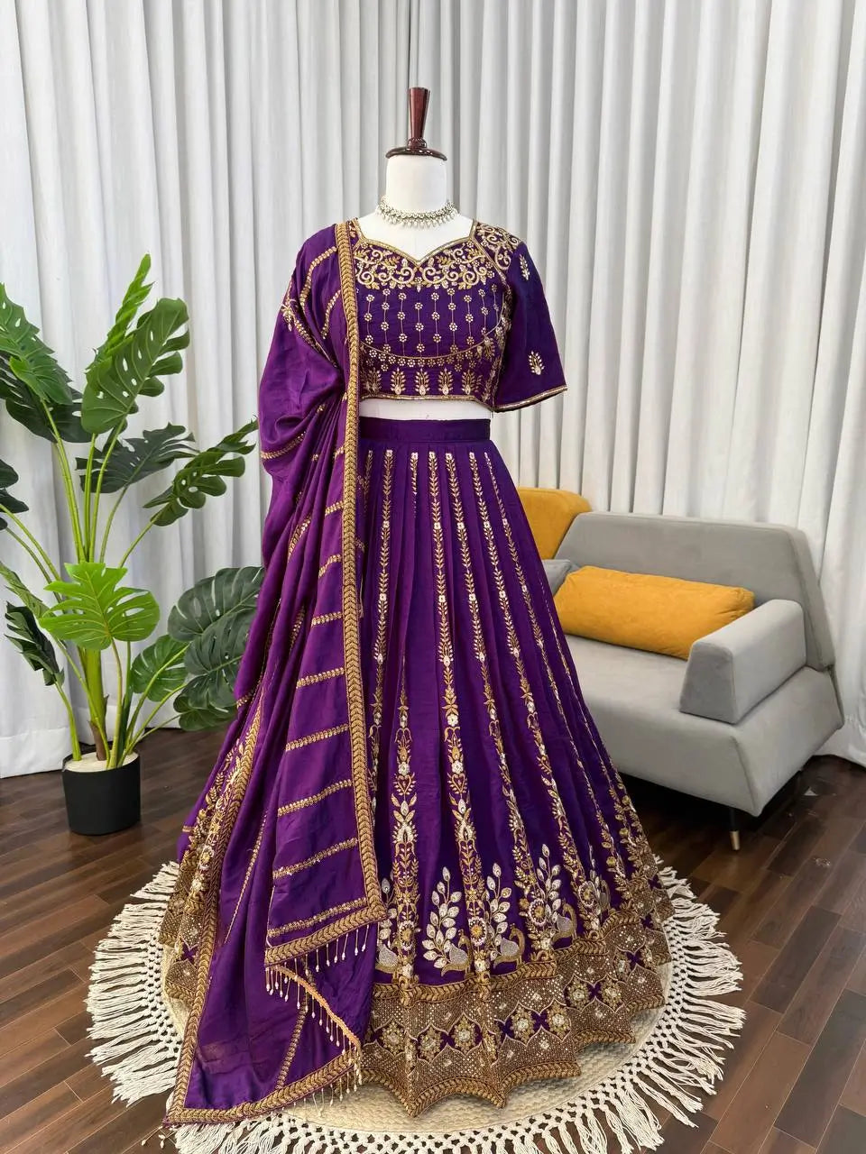 Embroidered Vichitra Silk Lehenga Choli Set with Dupatta