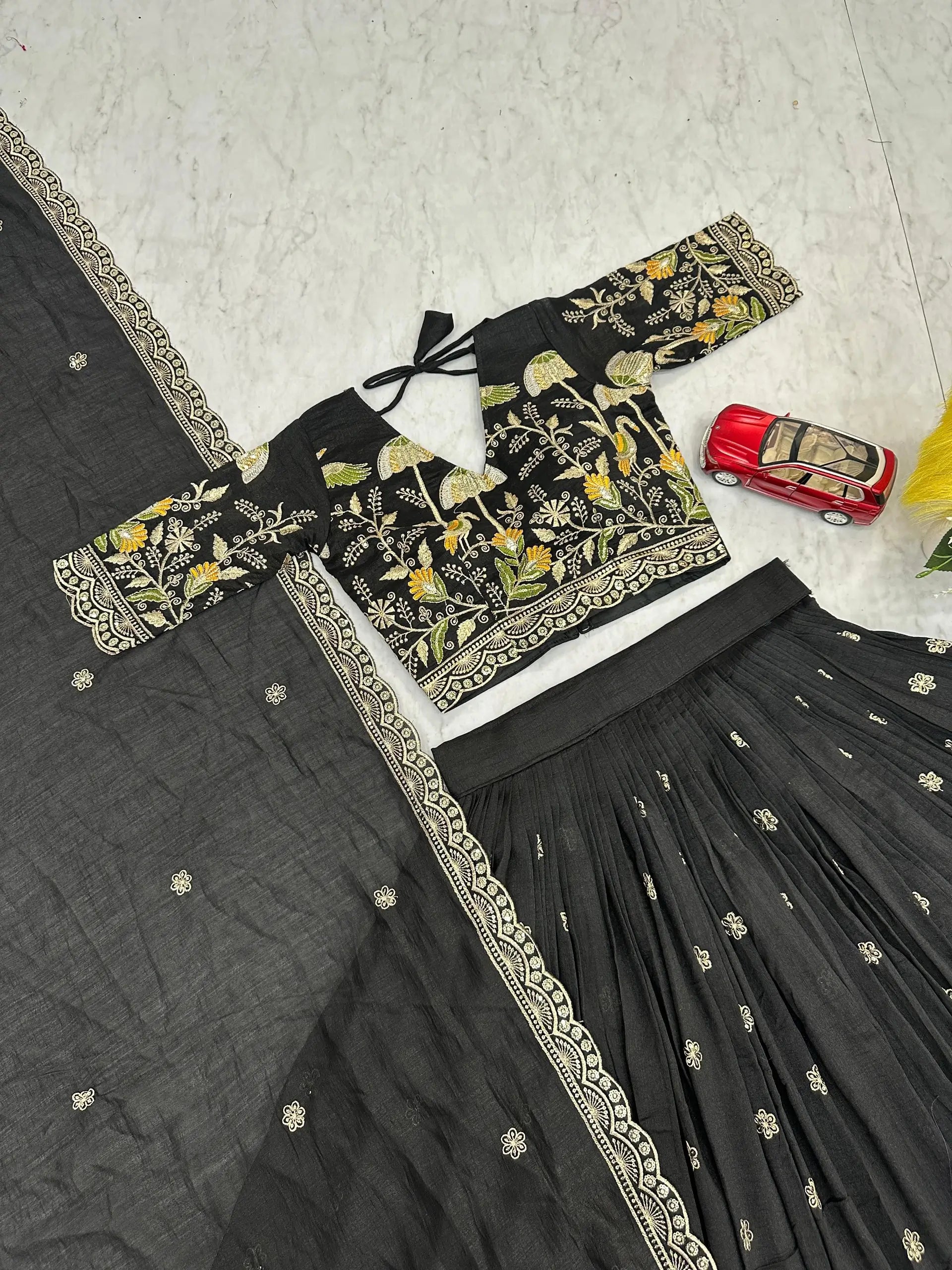 Embroidered Vichitra Silk Lehenga Choli Set with Dupatta