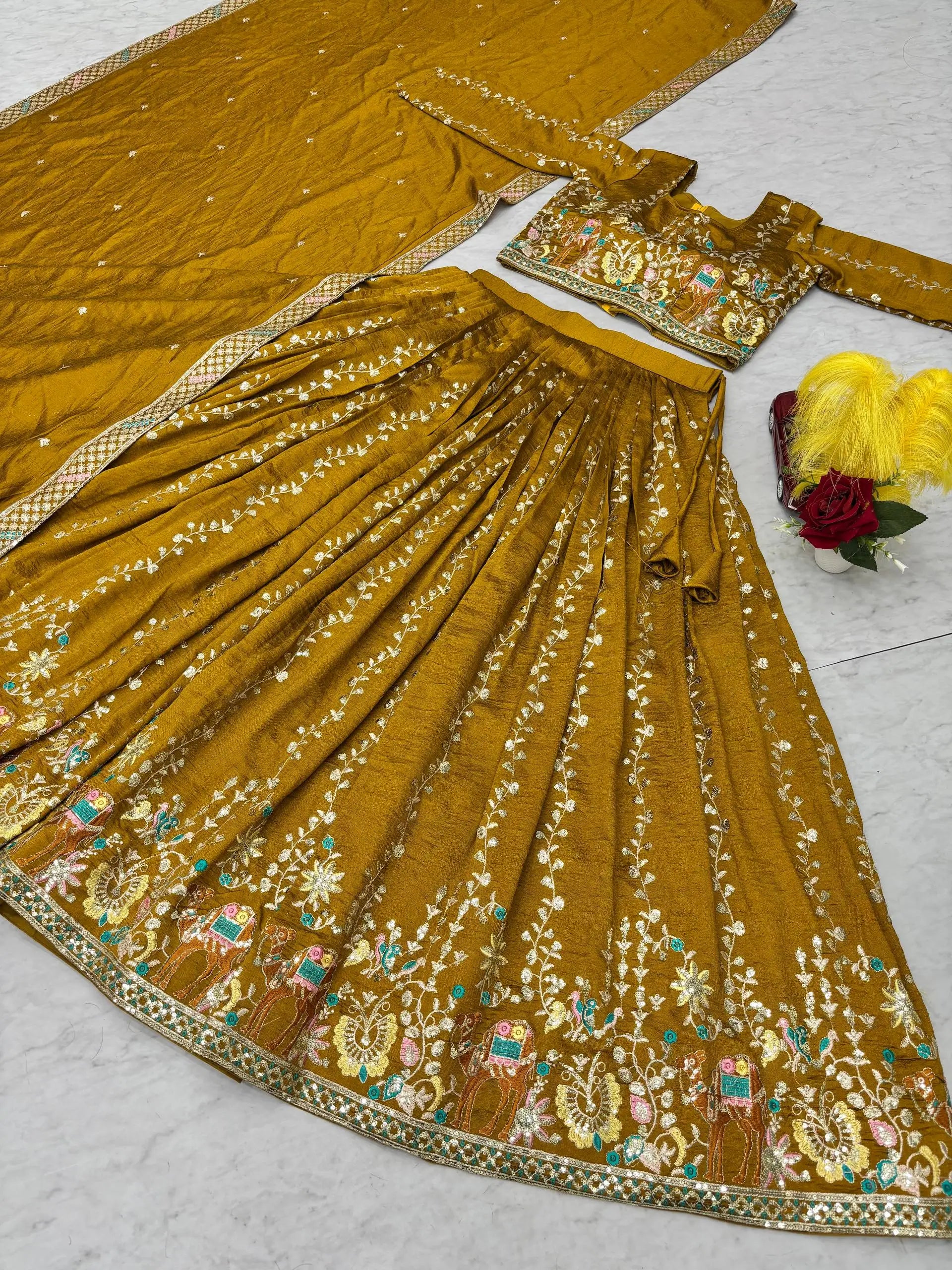 Embroidered Vichitra Silk Lehenga Choli Set with Dupatta