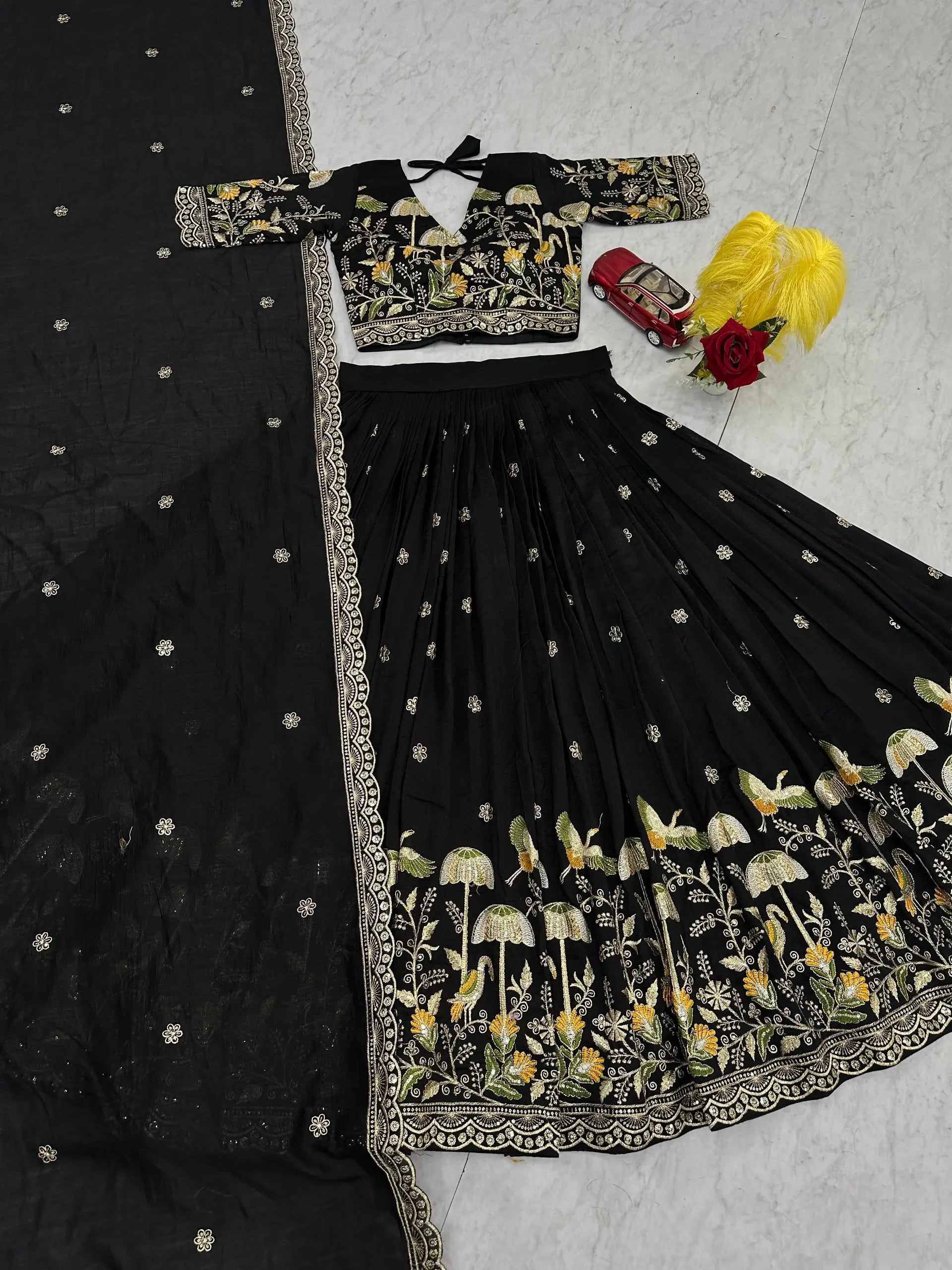 Embroidered Vichitra Silk Lehenga Choli Set with Dupatta