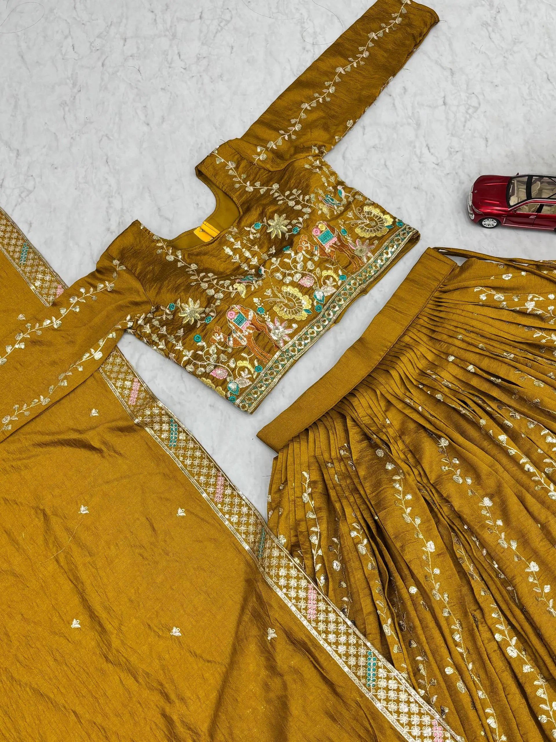 Embroidered Vichitra Silk Lehenga Choli Set with Dupatta
