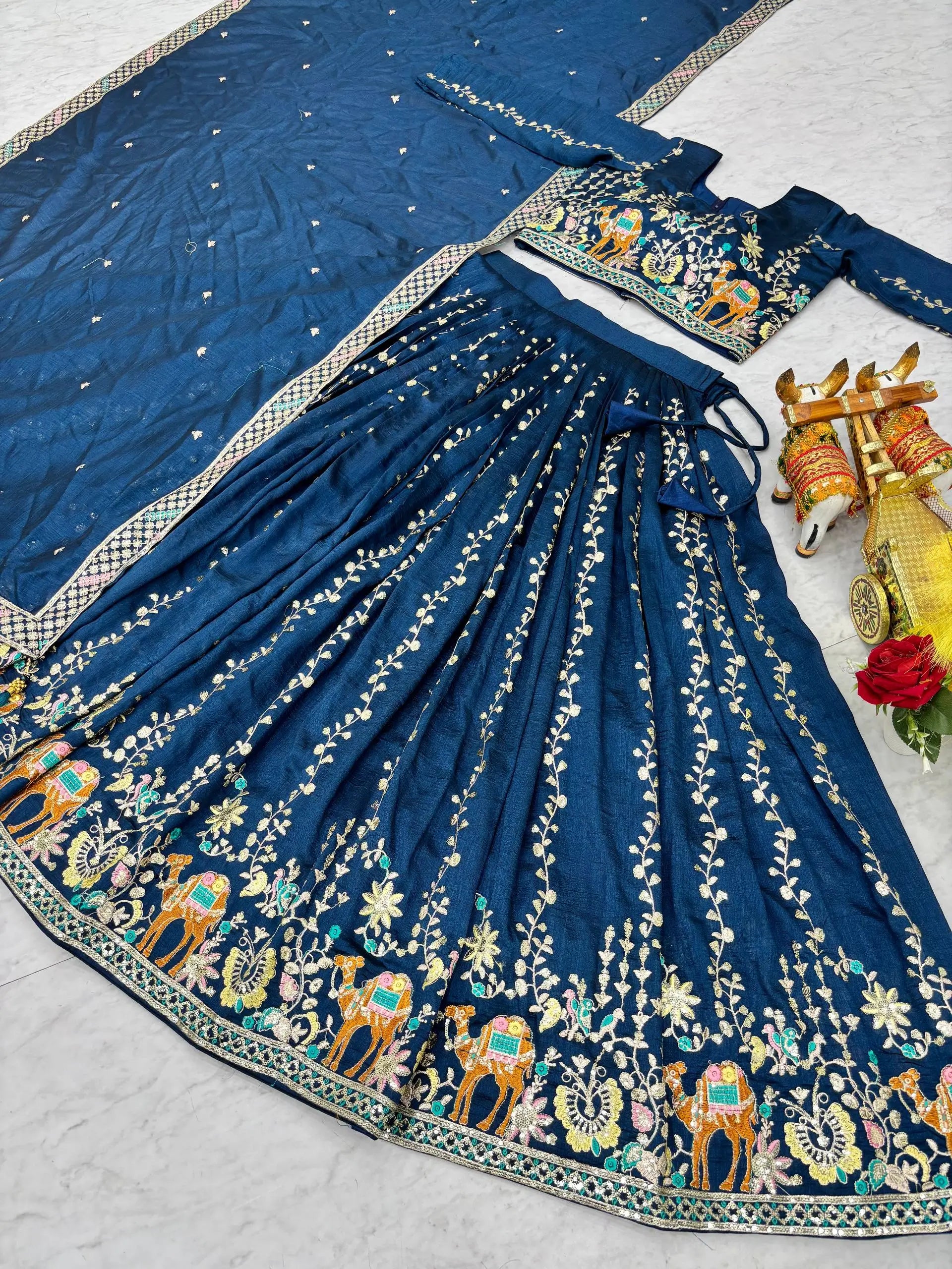 Embroidered Vichitra Silk Lehenga Choli Set with Dupatta