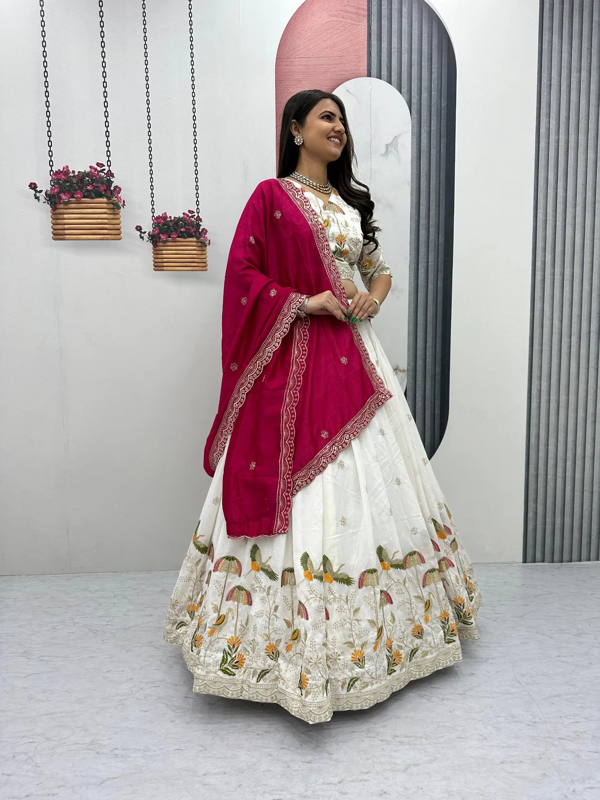 Embroidered Vichitra Silk Lehenga Choli Set with Dupatta