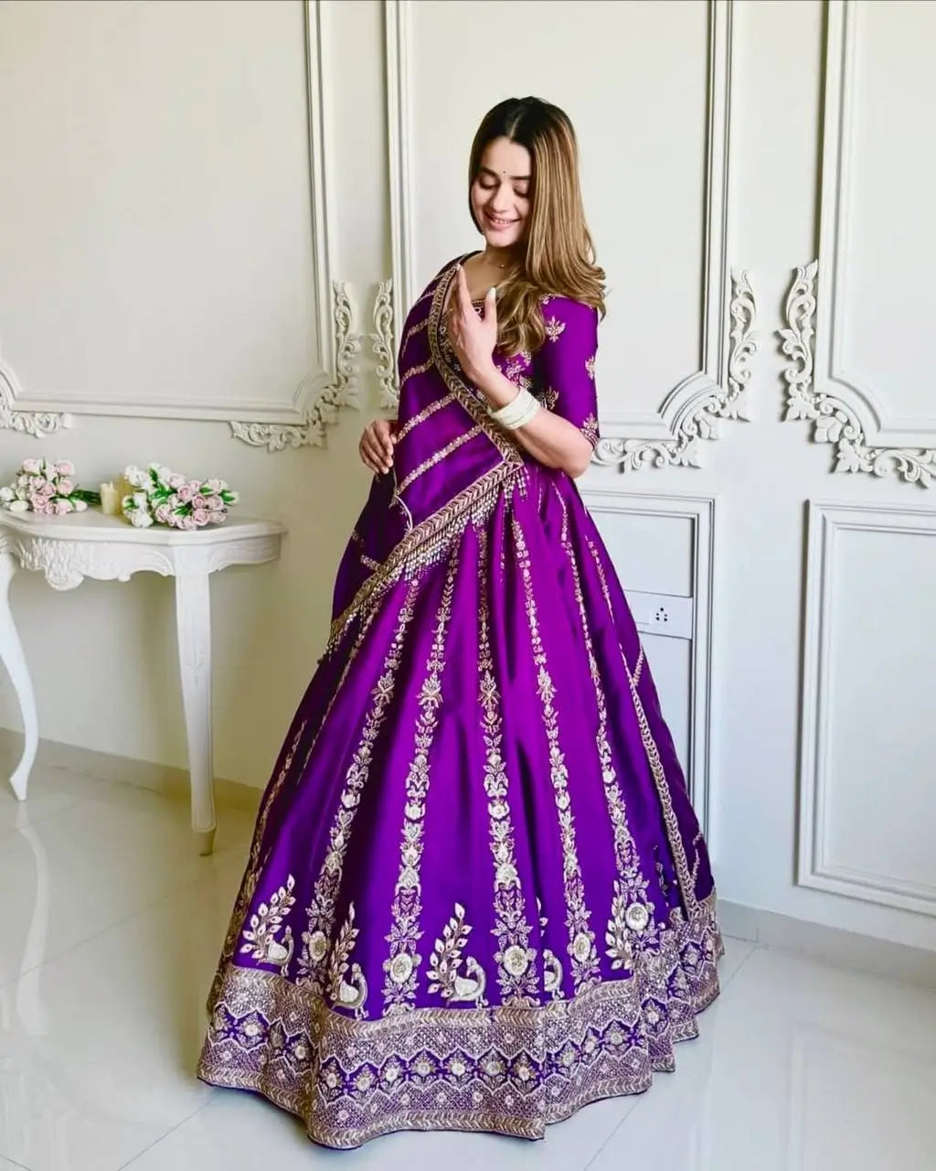 Embroidered Vichitra Silk Lehenga Choli Set with Dupatta
