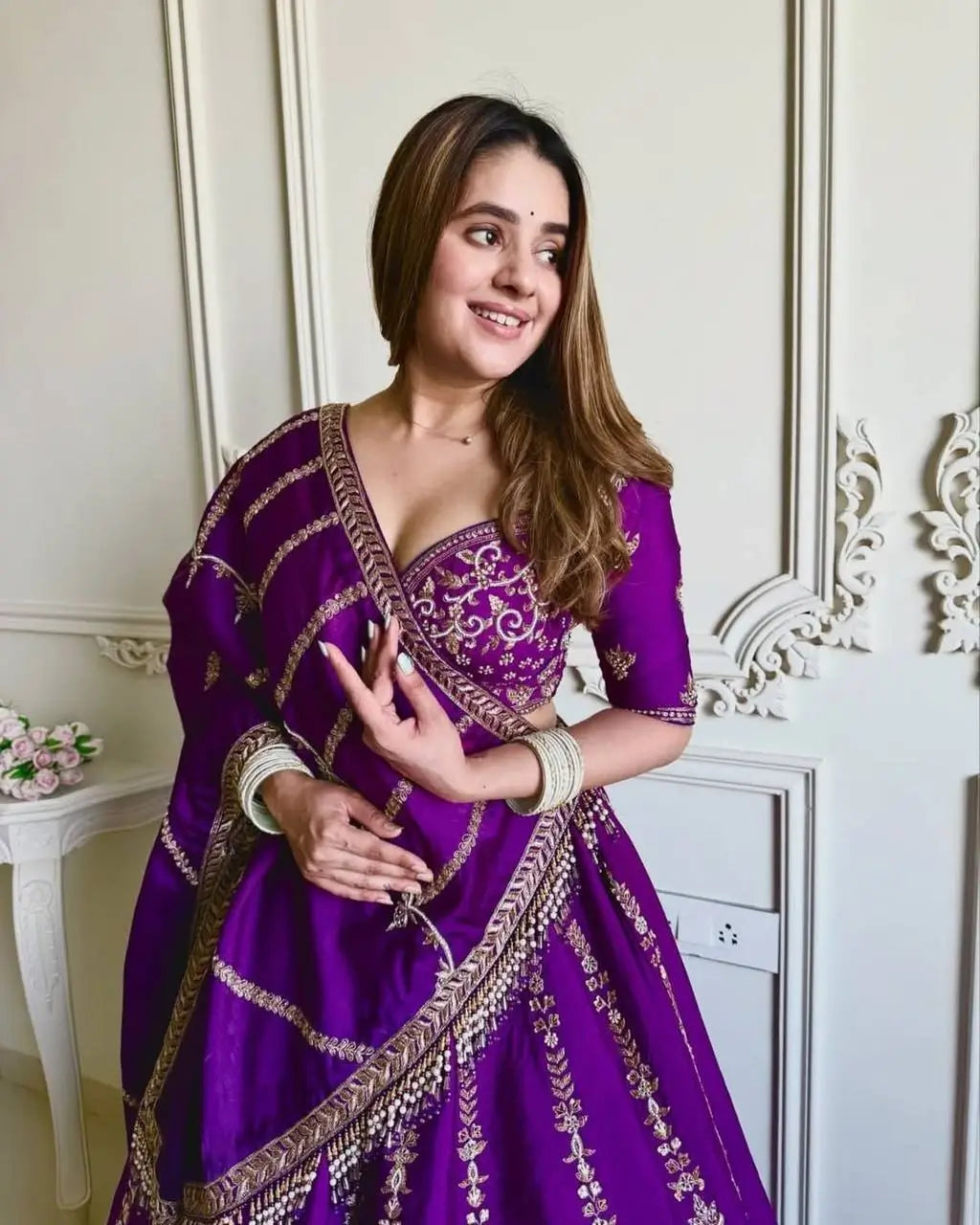 Embroidered Vichitra Silk Lehenga Choli Set with Dupatta