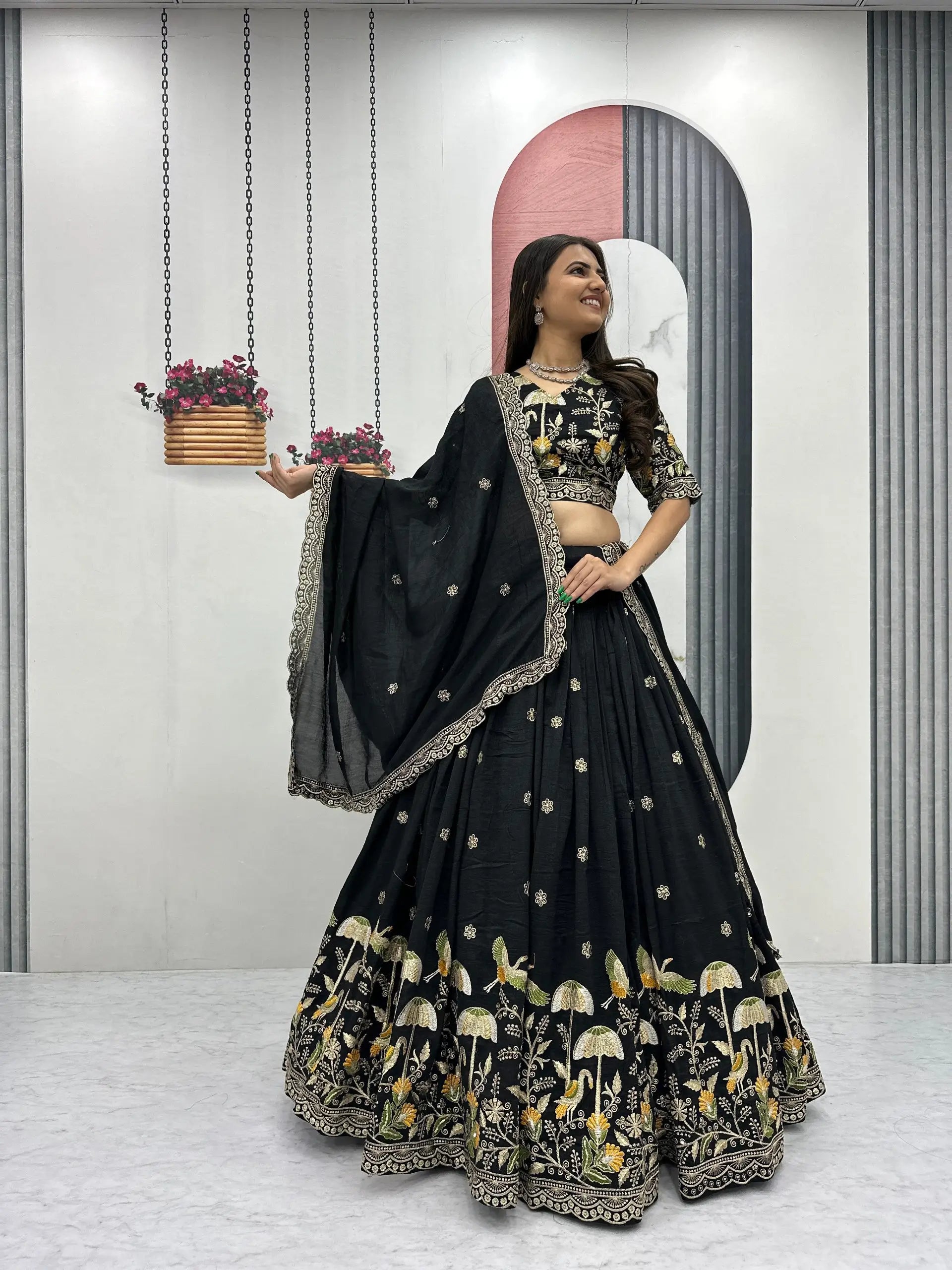 Embroidered Vichitra Silk Lehenga Choli Set with Dupatta