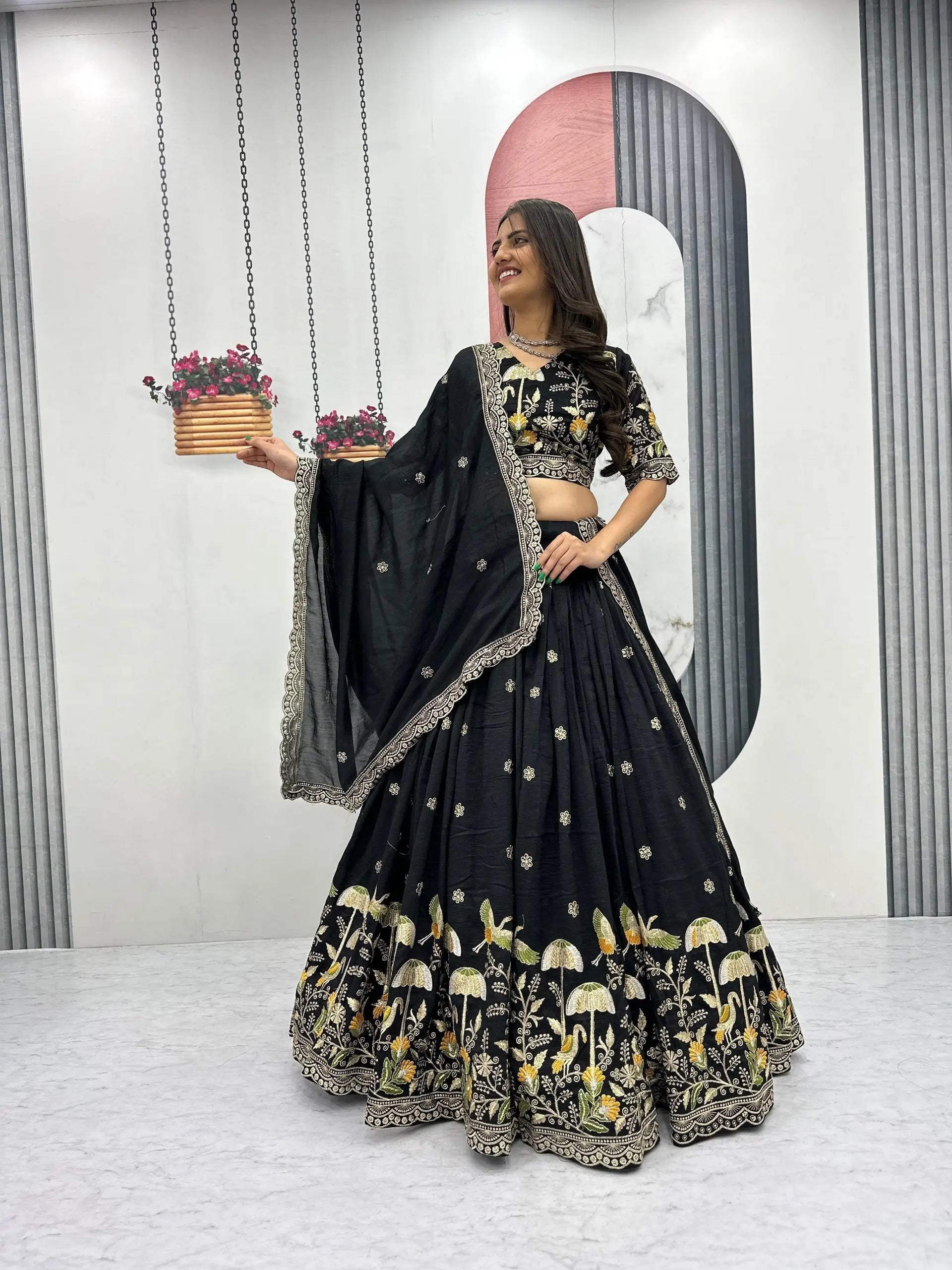 Embroidered Vichitra Silk Lehenga Choli Set with Dupatta