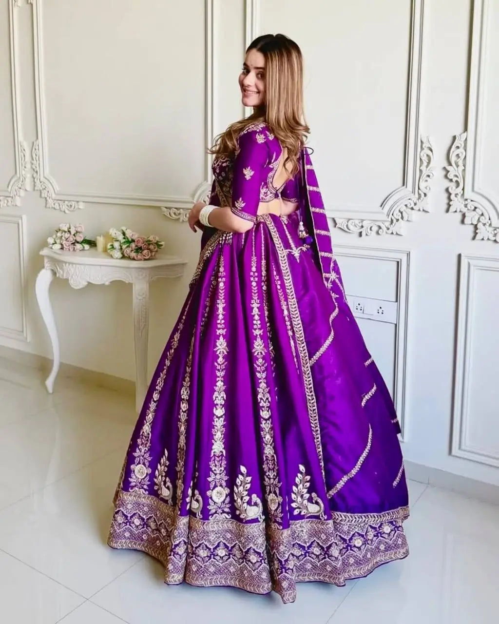Embroidered Vichitra Silk Lehenga Choli Set with Dupatta