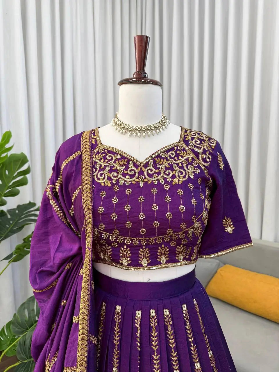 Embroidered Vichitra Silk Lehenga Choli Set with Dupatta