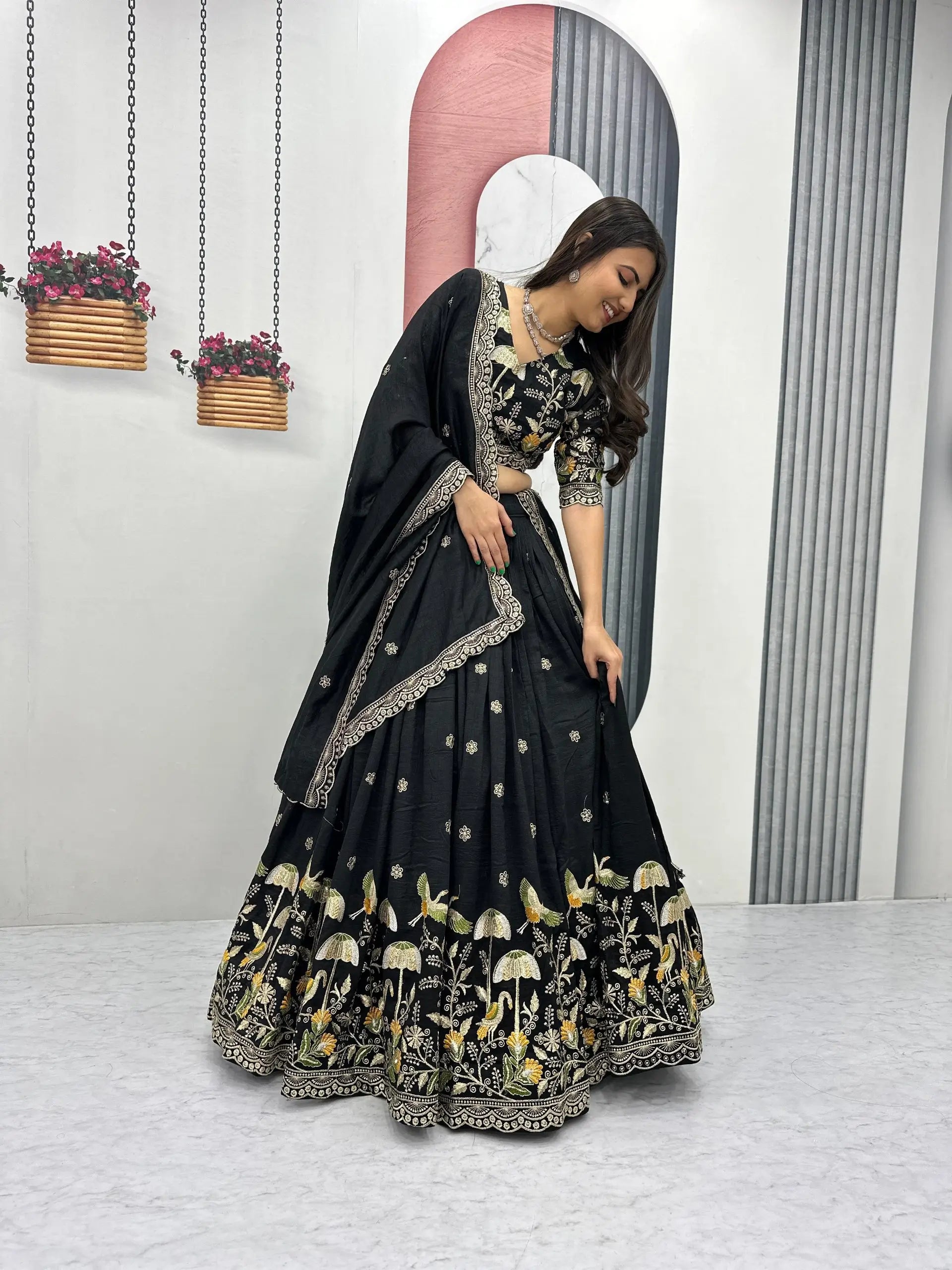 Embroidered Vichitra Silk Lehenga Choli Set with Dupatta