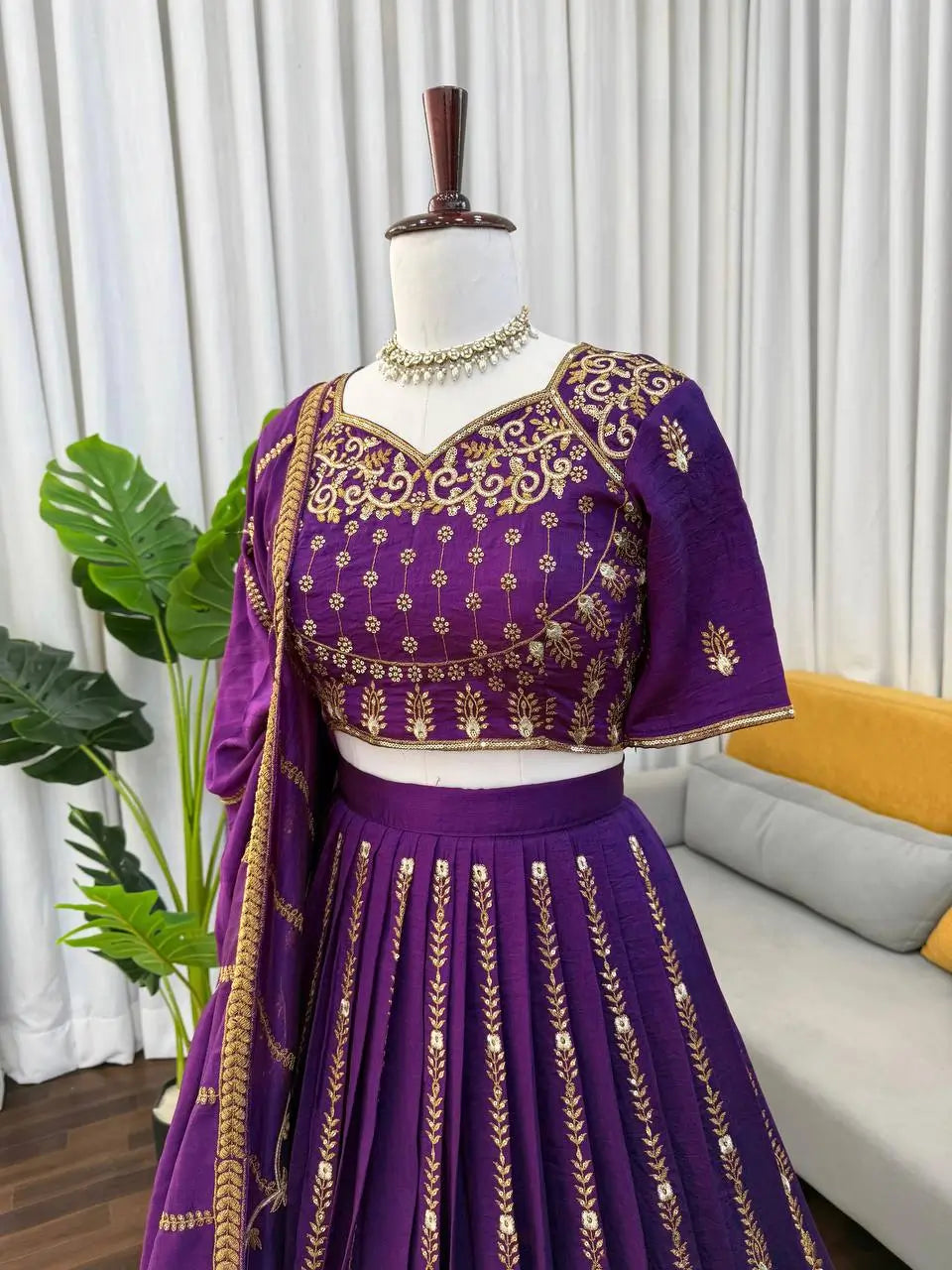 Embroidered Vichitra Silk Lehenga Choli Set with Dupatta
